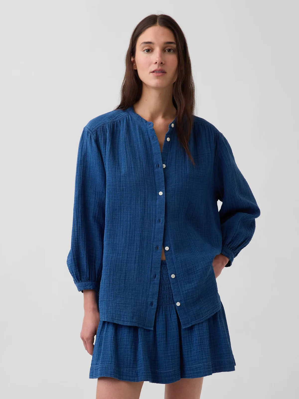 Cotton Gauze Denim Oversized Collarless Shirt by Gap