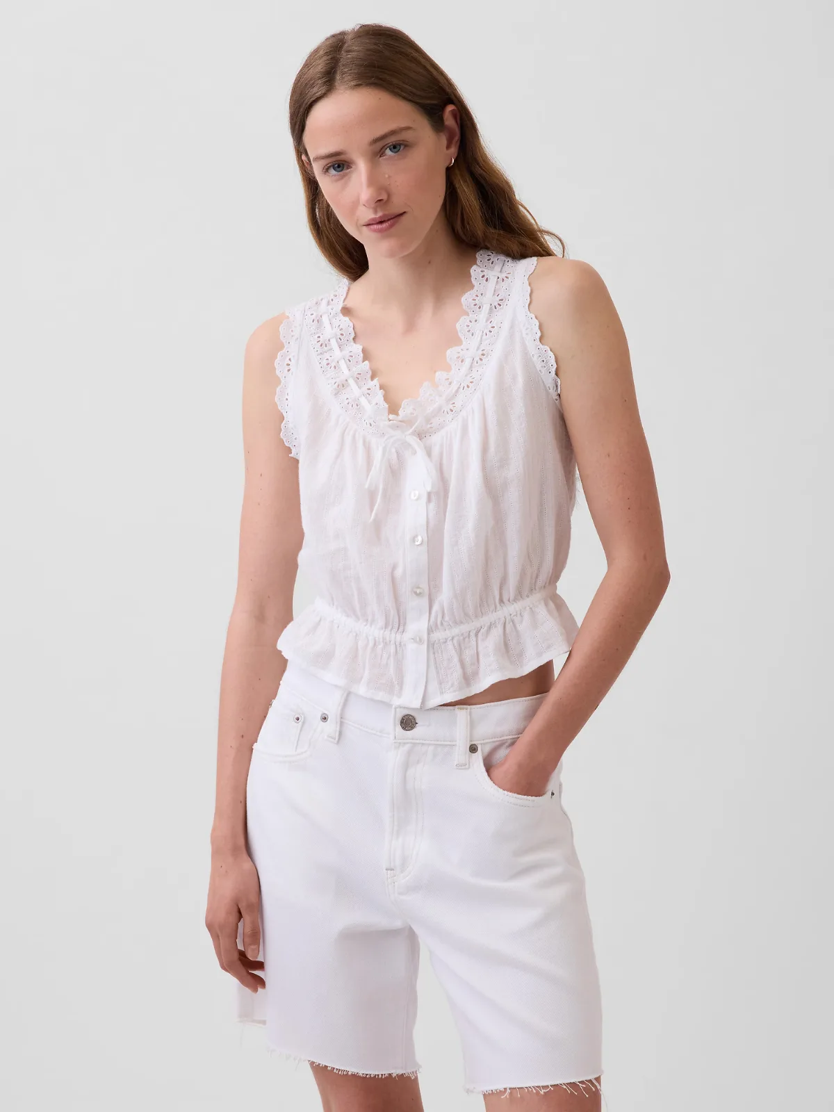 Eyelet Tie-Front Crop Peplum Top