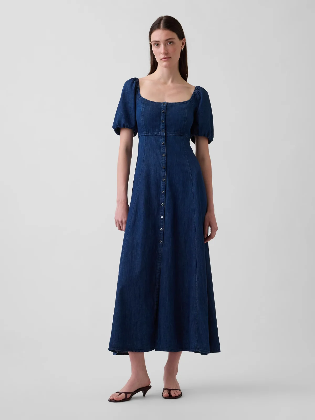 Denim Puff-Sleeve Button-Front Maxi Dress by Gap