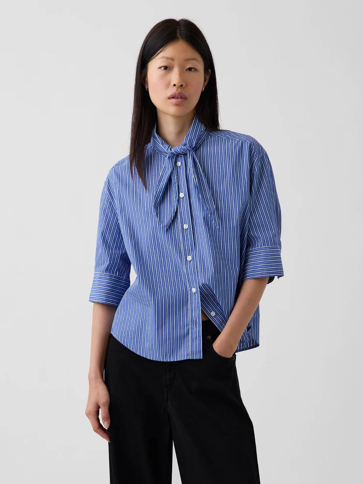 Organic Cotton Poplin Tie-Neck Shirt by Gap