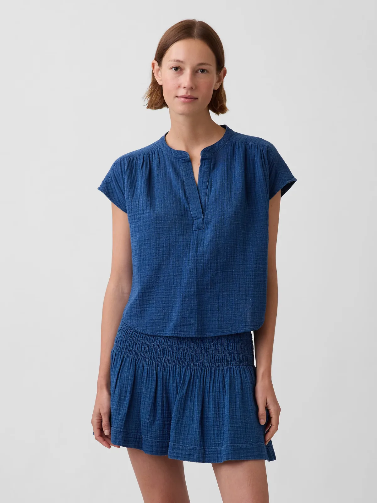 Cotton Gauze Denim Oversized Split-Neck Top by Gap