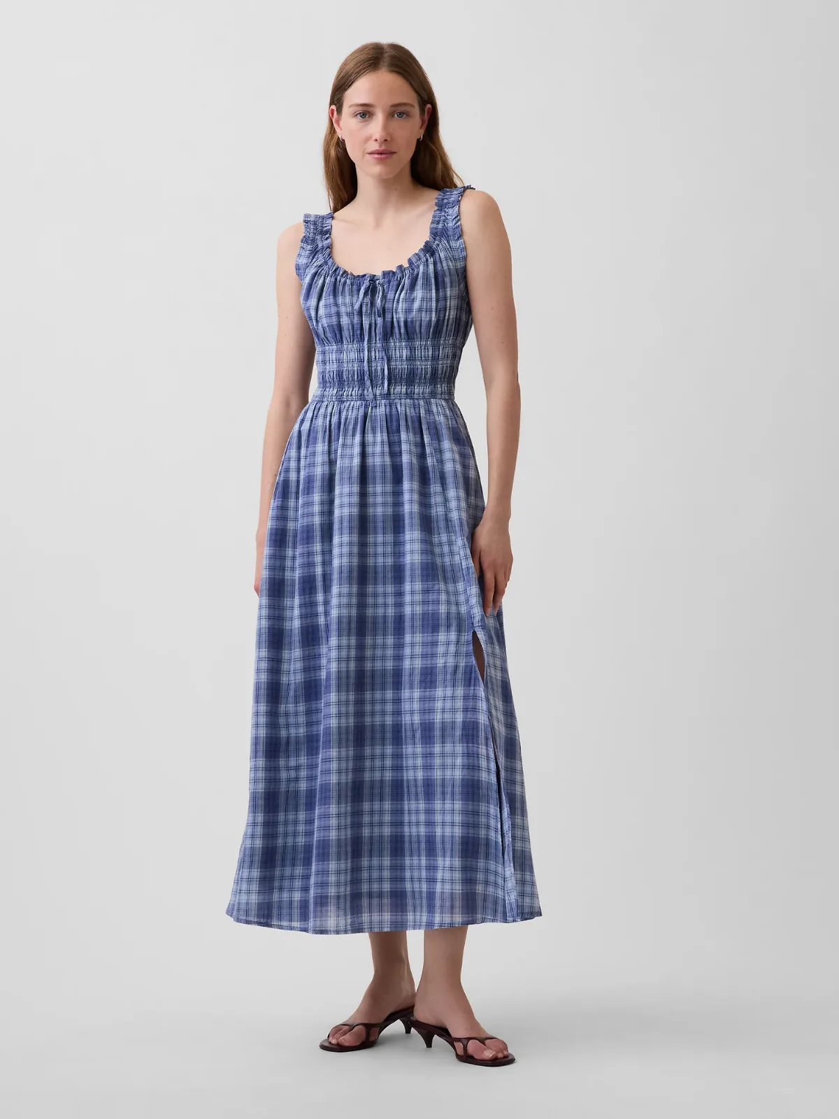 Voile Plaid Smocked-Waist Maxi Dress