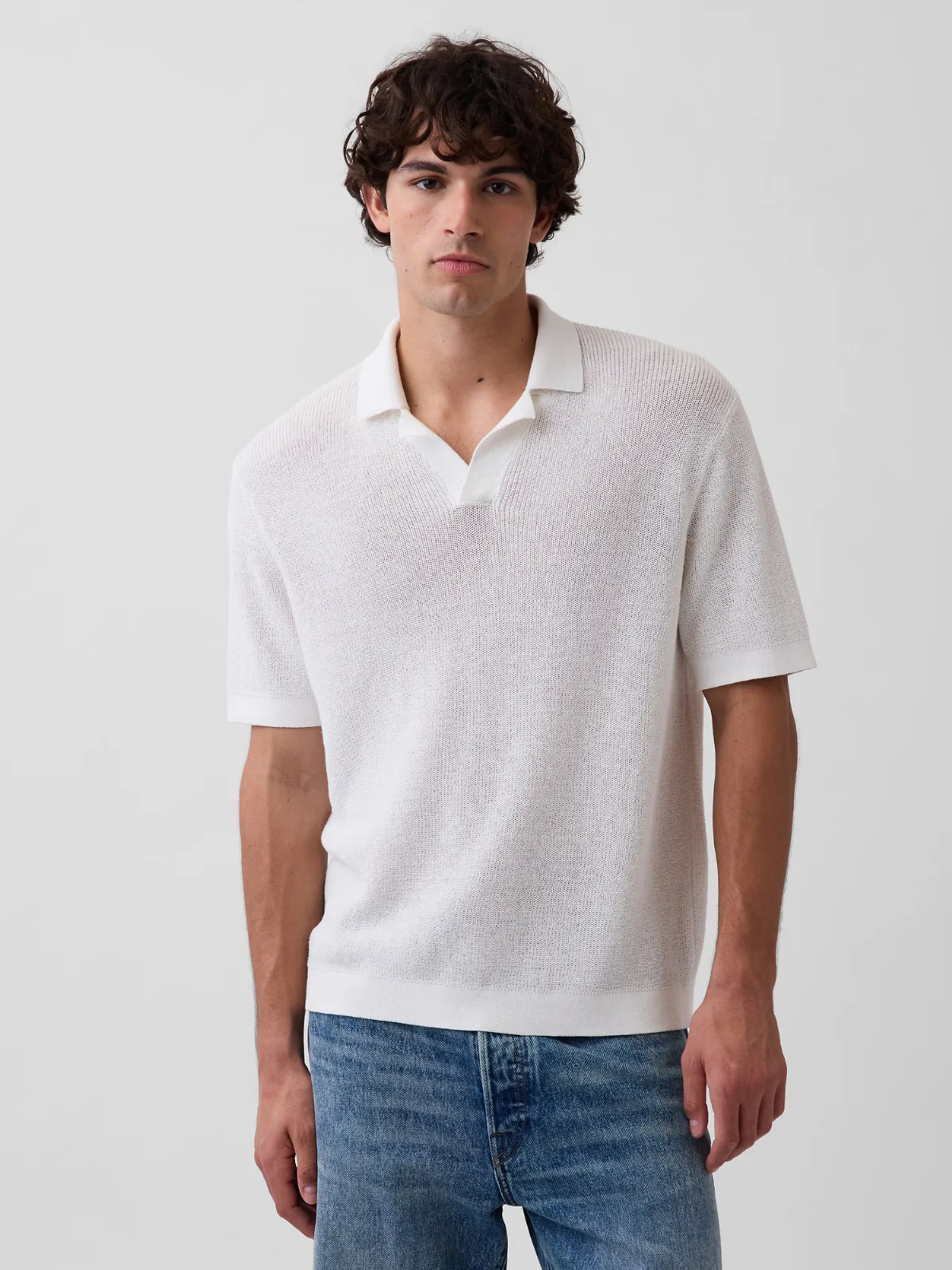 Linen-Blend Camp Polo Shirt Sweater Shirt