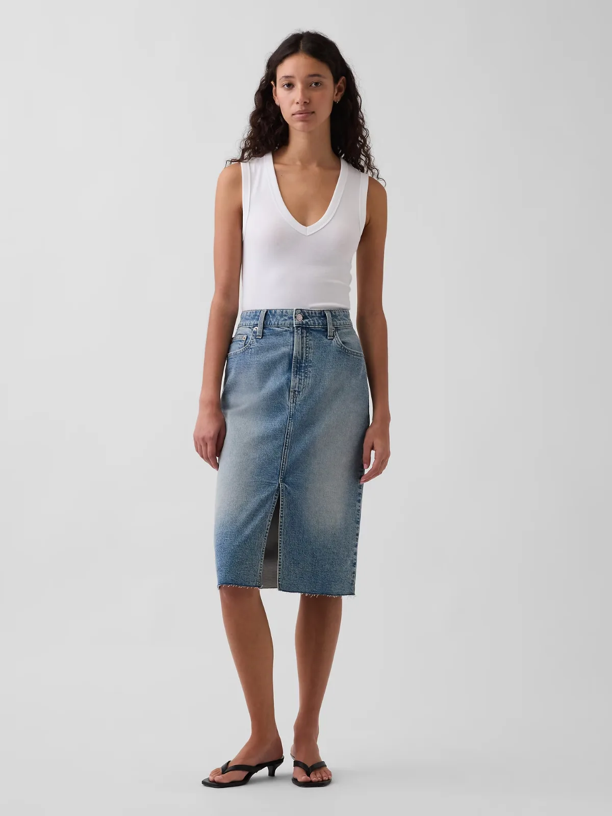 High Rise Denim Midi Pencil Skirt by Gap