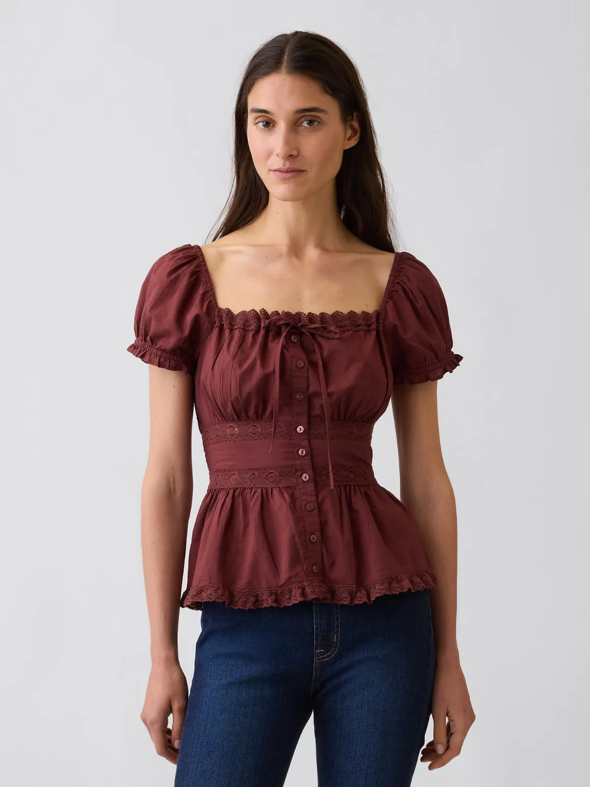 Square-Neck Lace-Trim Peplum Top