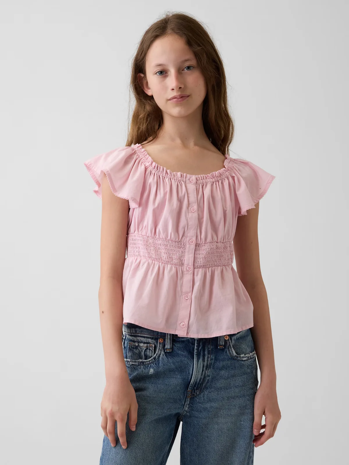 Flutter-Sleeve Button-Front Top by Gap