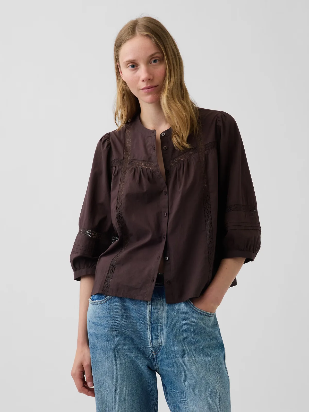 Lace-Trim Button-Front Swing Top by Gap