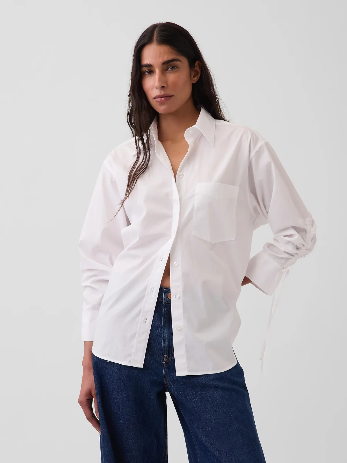 Organic Cotton Poplin Oversized Ruched-Sleeve Shirt by Gap