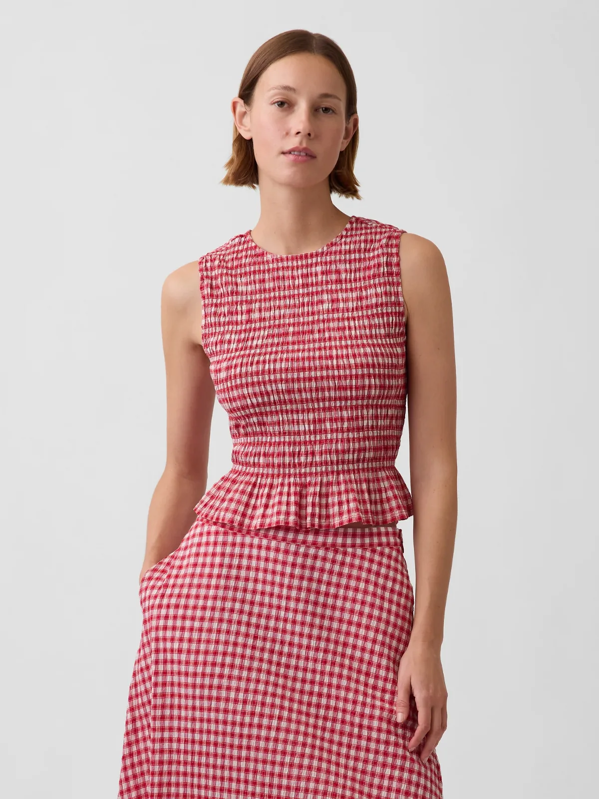 Smocked Gingham Crop Peplum Top by Gap