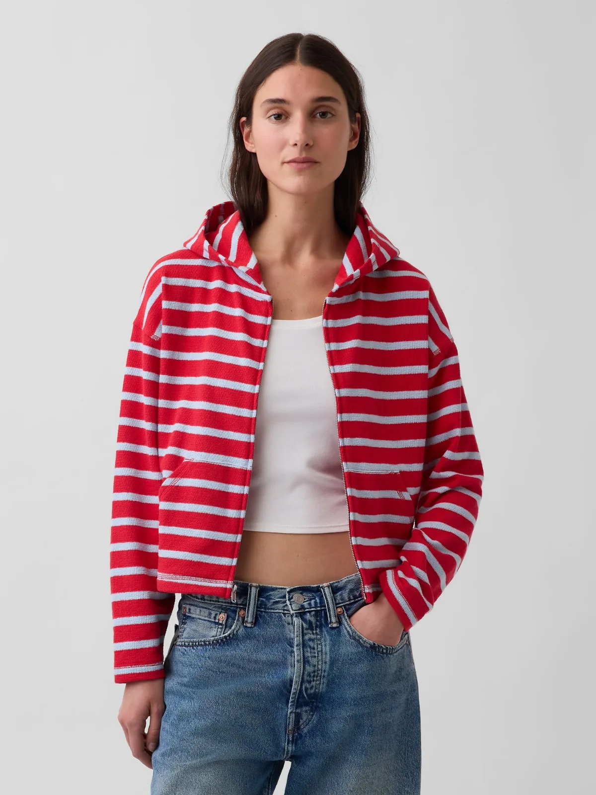 Towel Terry Oversized Stripe Zip Hoodie by Gap