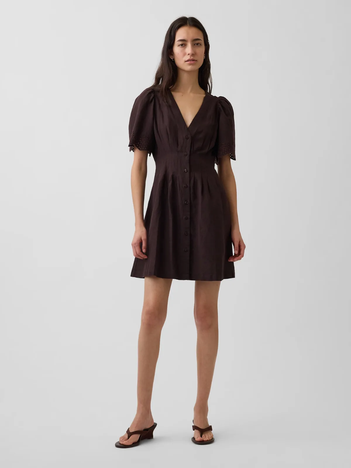 Linen-Blend Cinched Mini Shirtdress