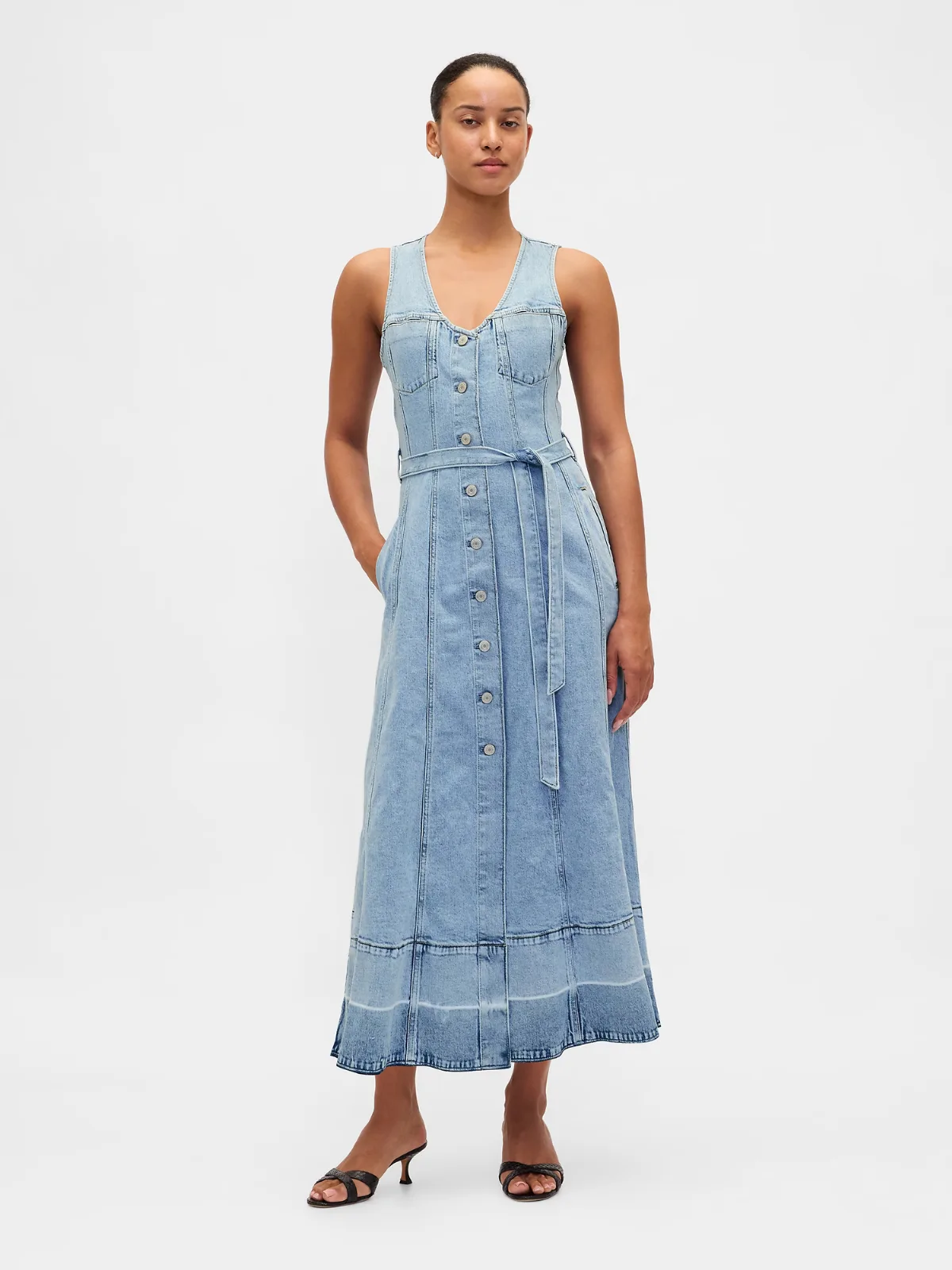 Denim Tie-Belt Button-Front Maxi Dress by Gap