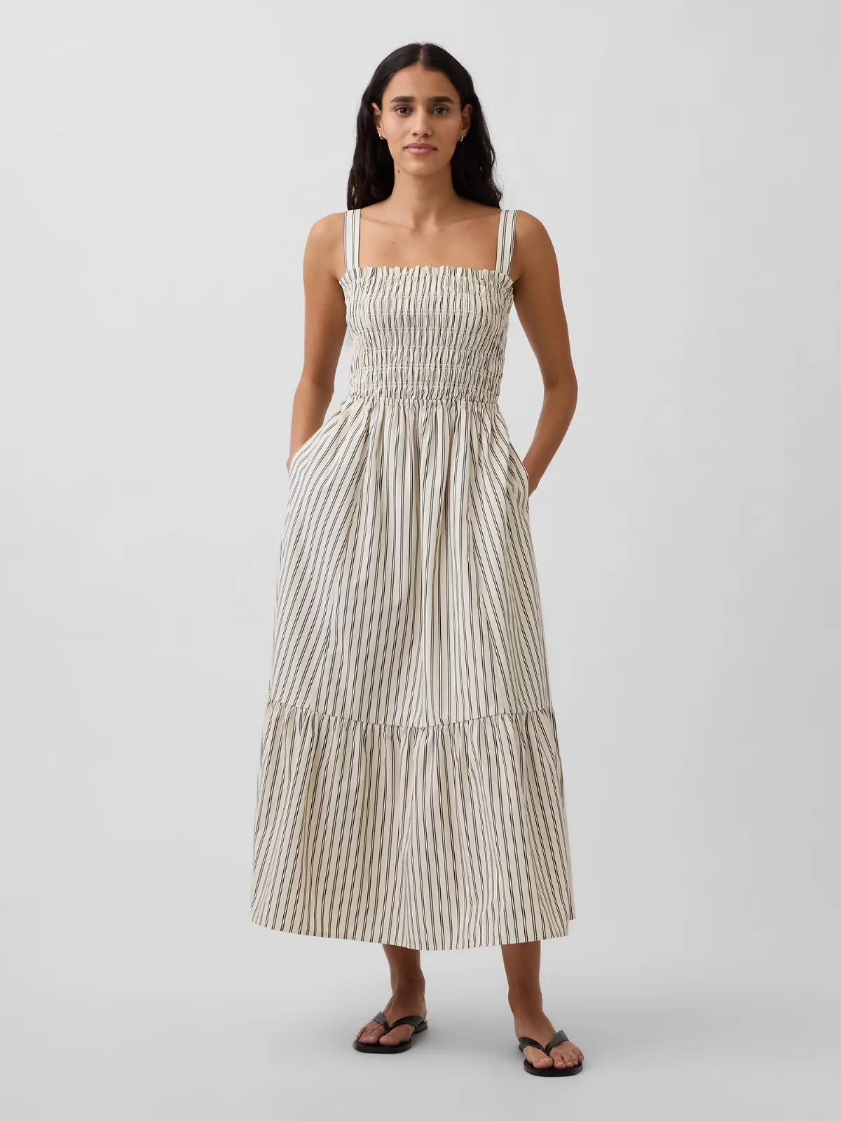 Poplin Smocked-Bodice Maxi Dress