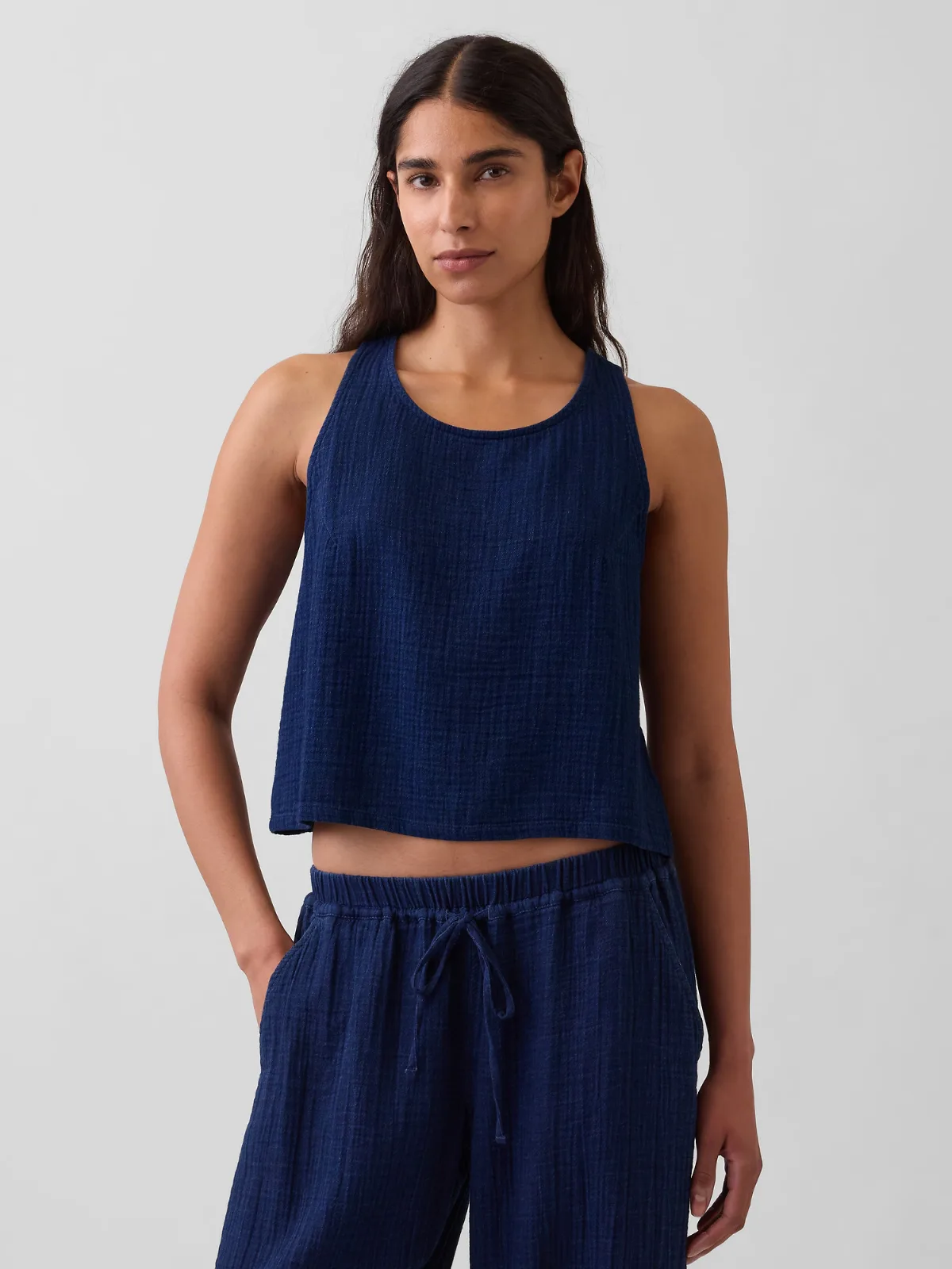 Cotton Gauze Denim Crop Shell Tank Top by Gap