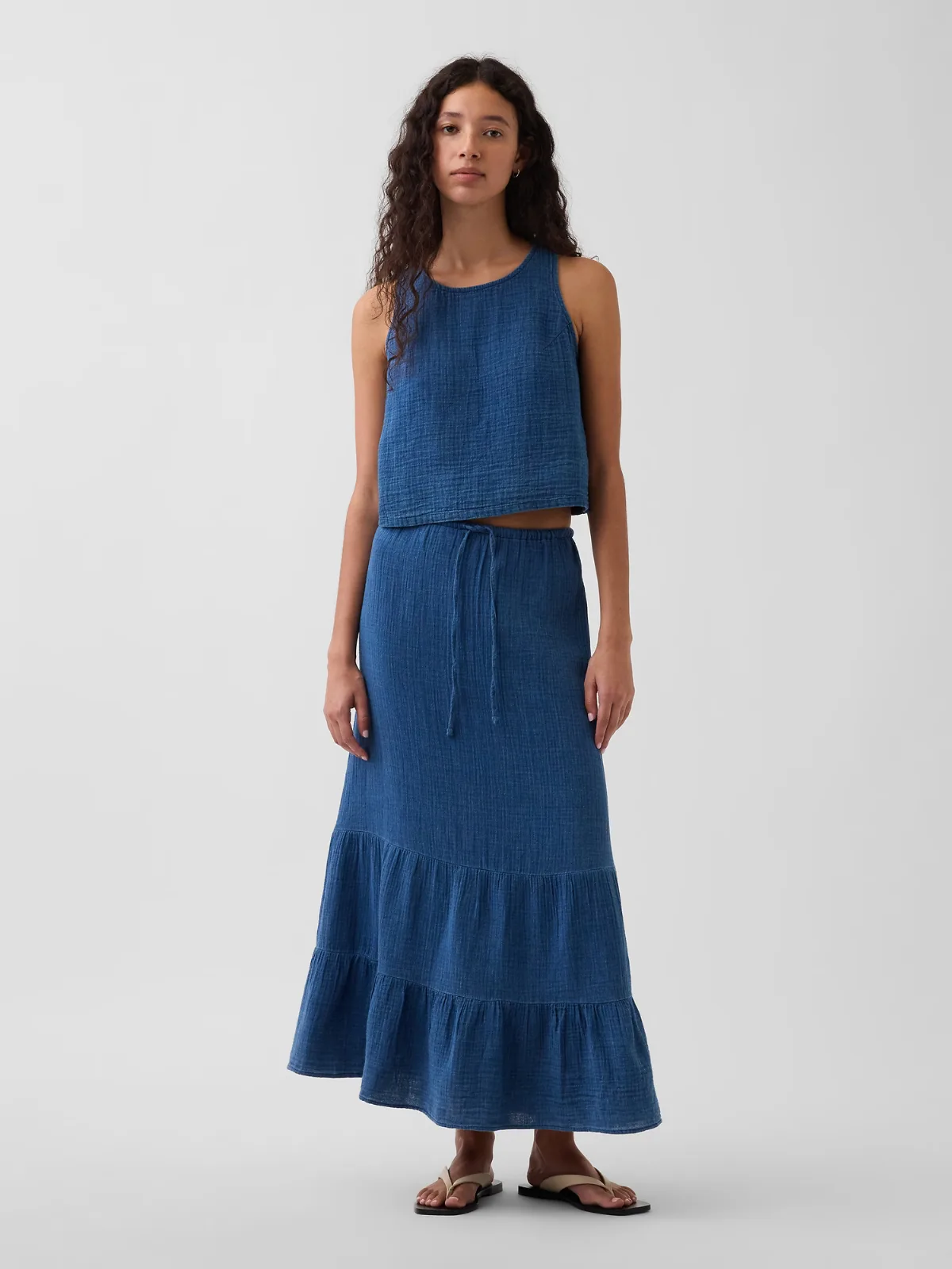 Cotton Gauze Denim Tiered Easy Maxi Skirt by Gap