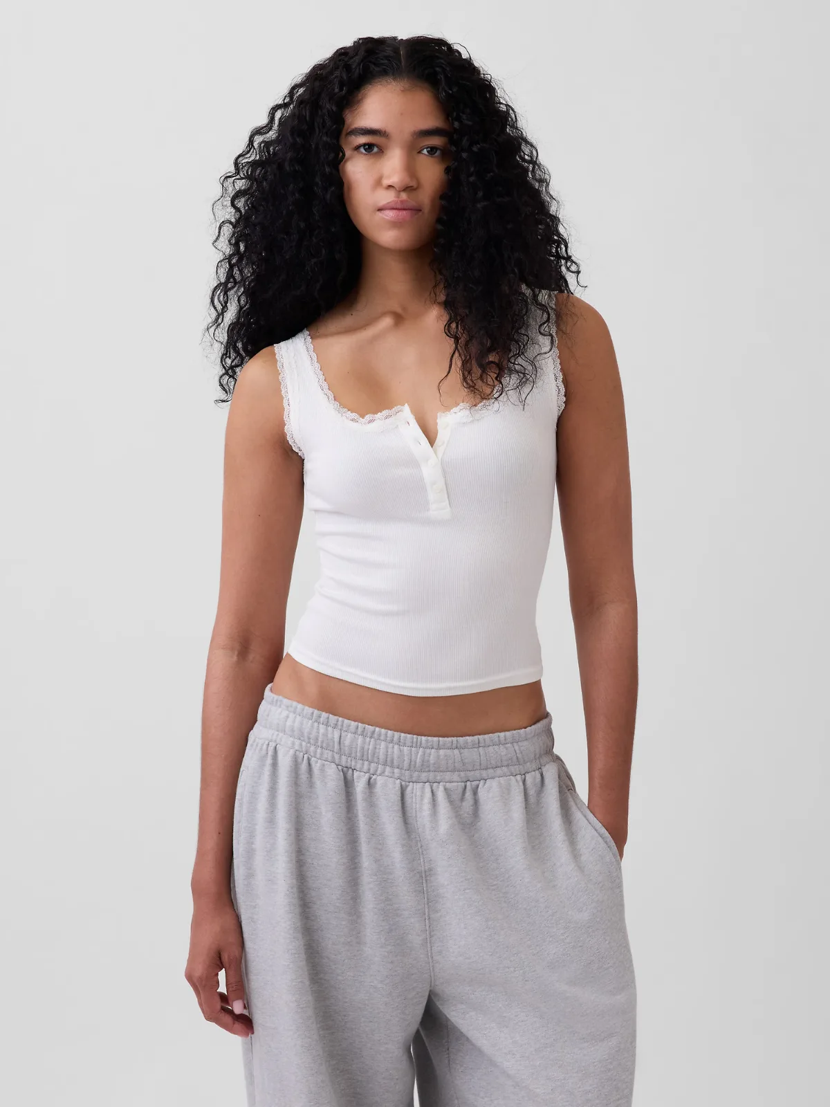 Mini Rib Lace Henley PJ Tank Top by Gap