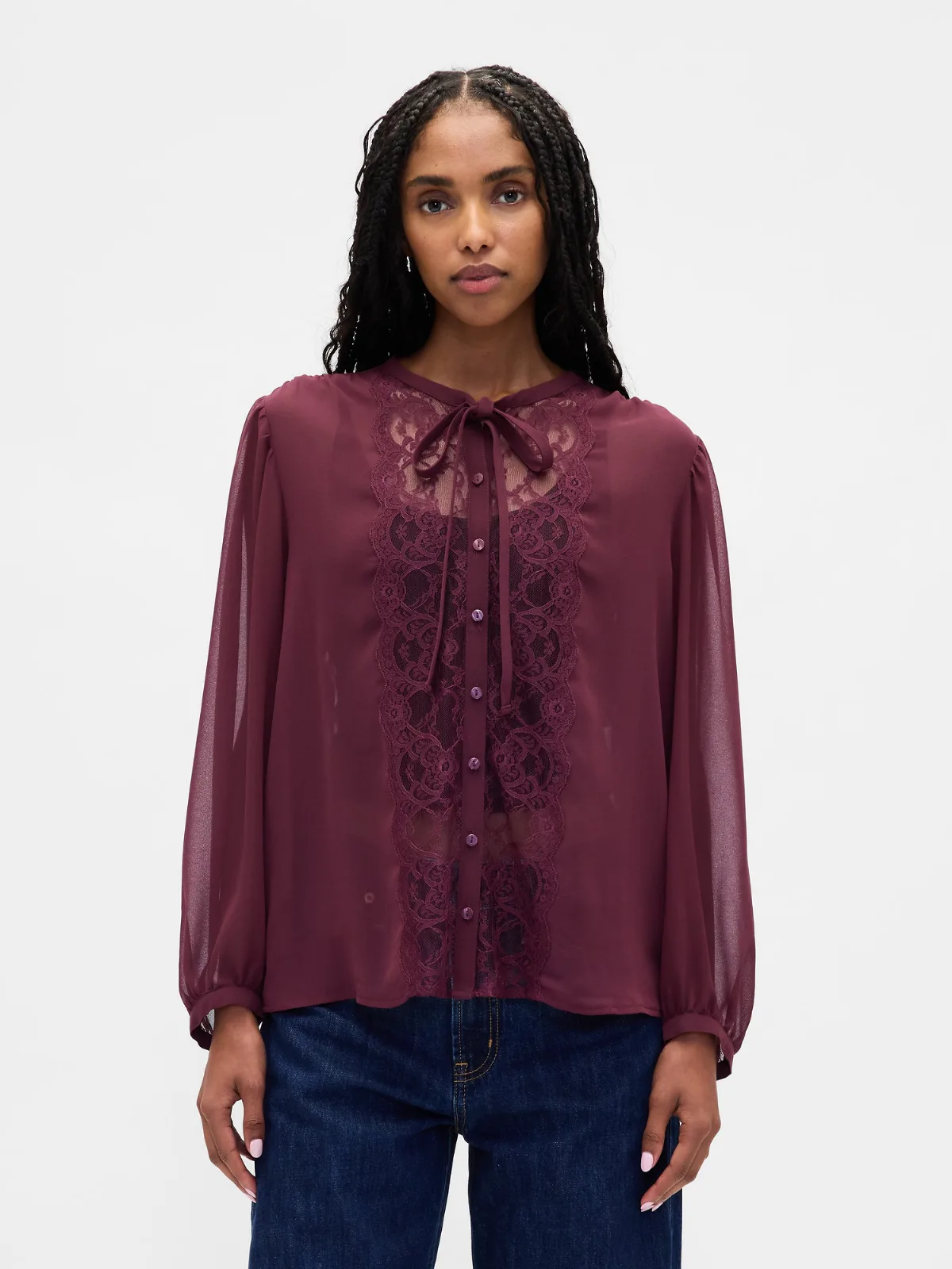 Sheer Recycled Lace Inset Tie-Neck Top by Gap