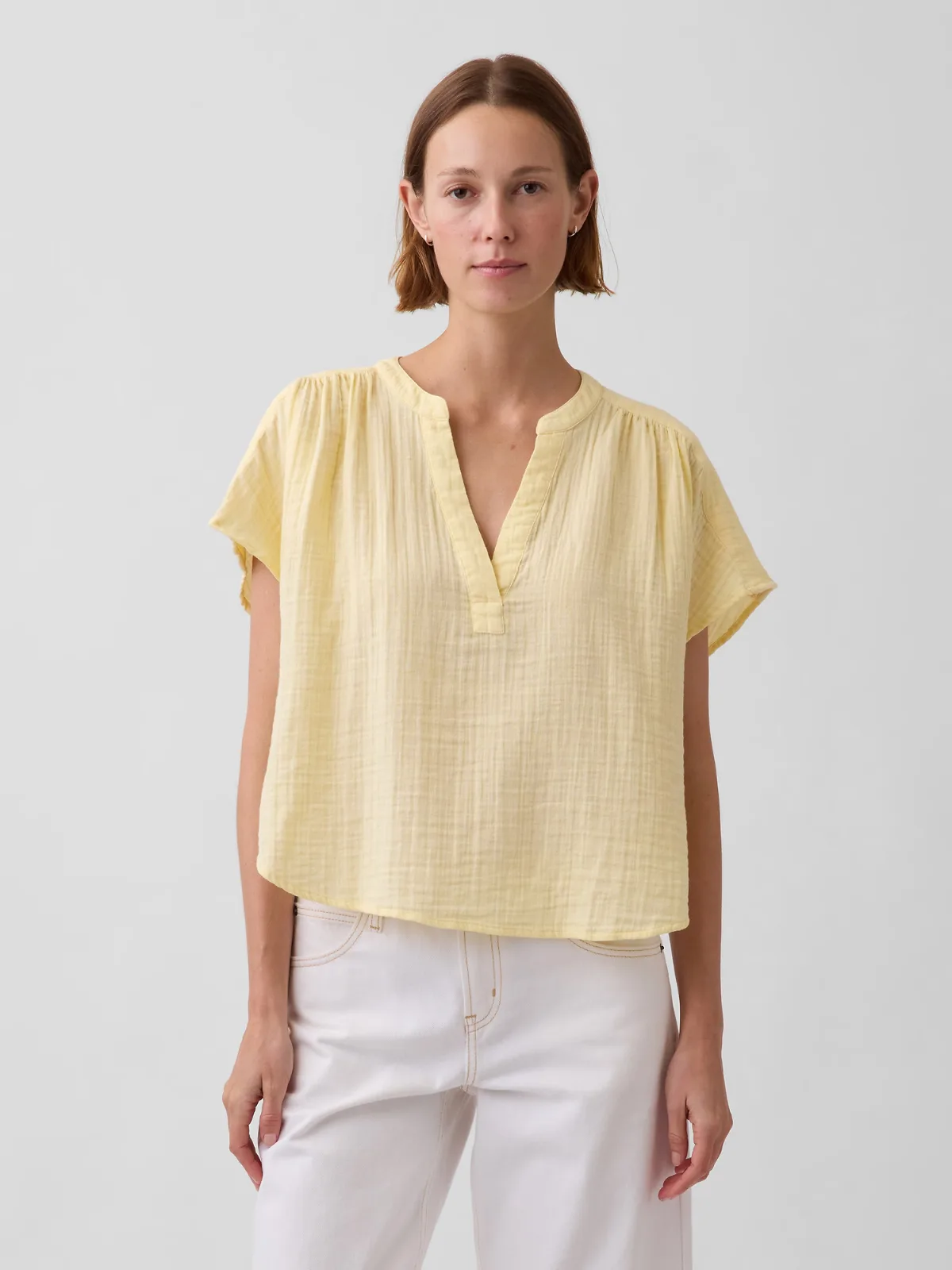 Cotton Gauze Oversized Split-Neck Top by Gap