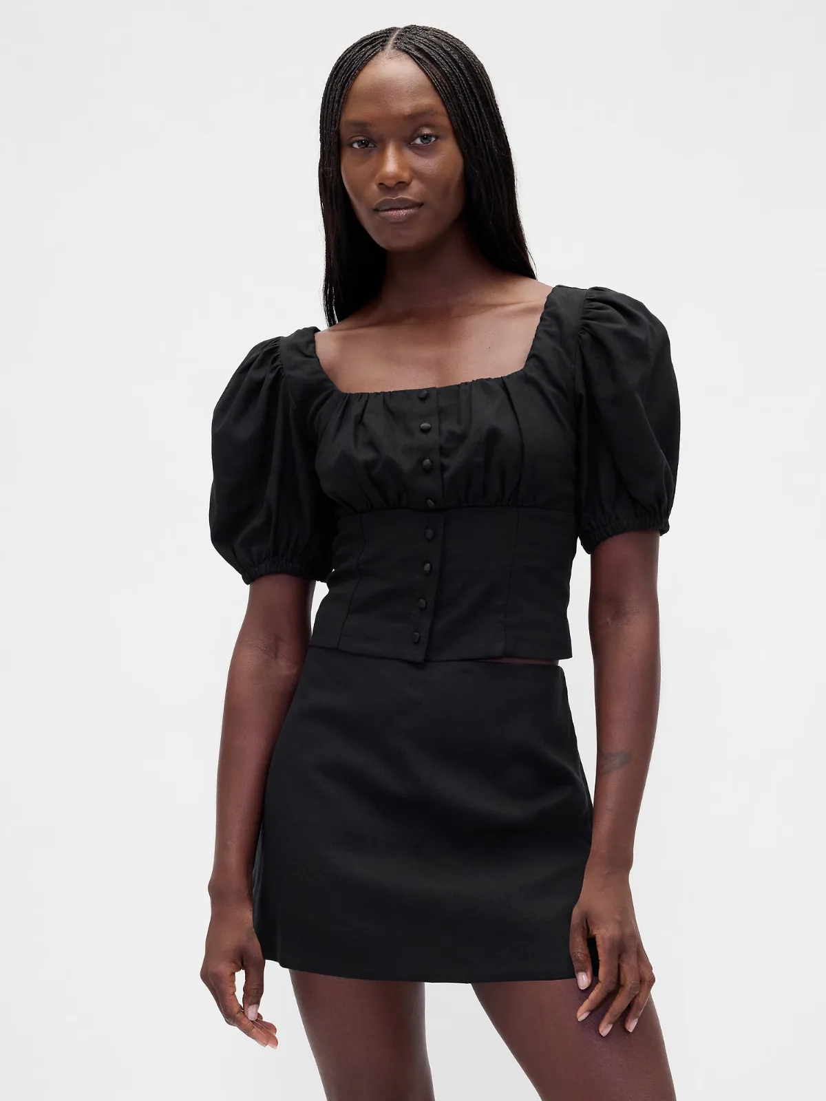 Linen-Blend Puff-Sleeve Crop Corset Top by Gap