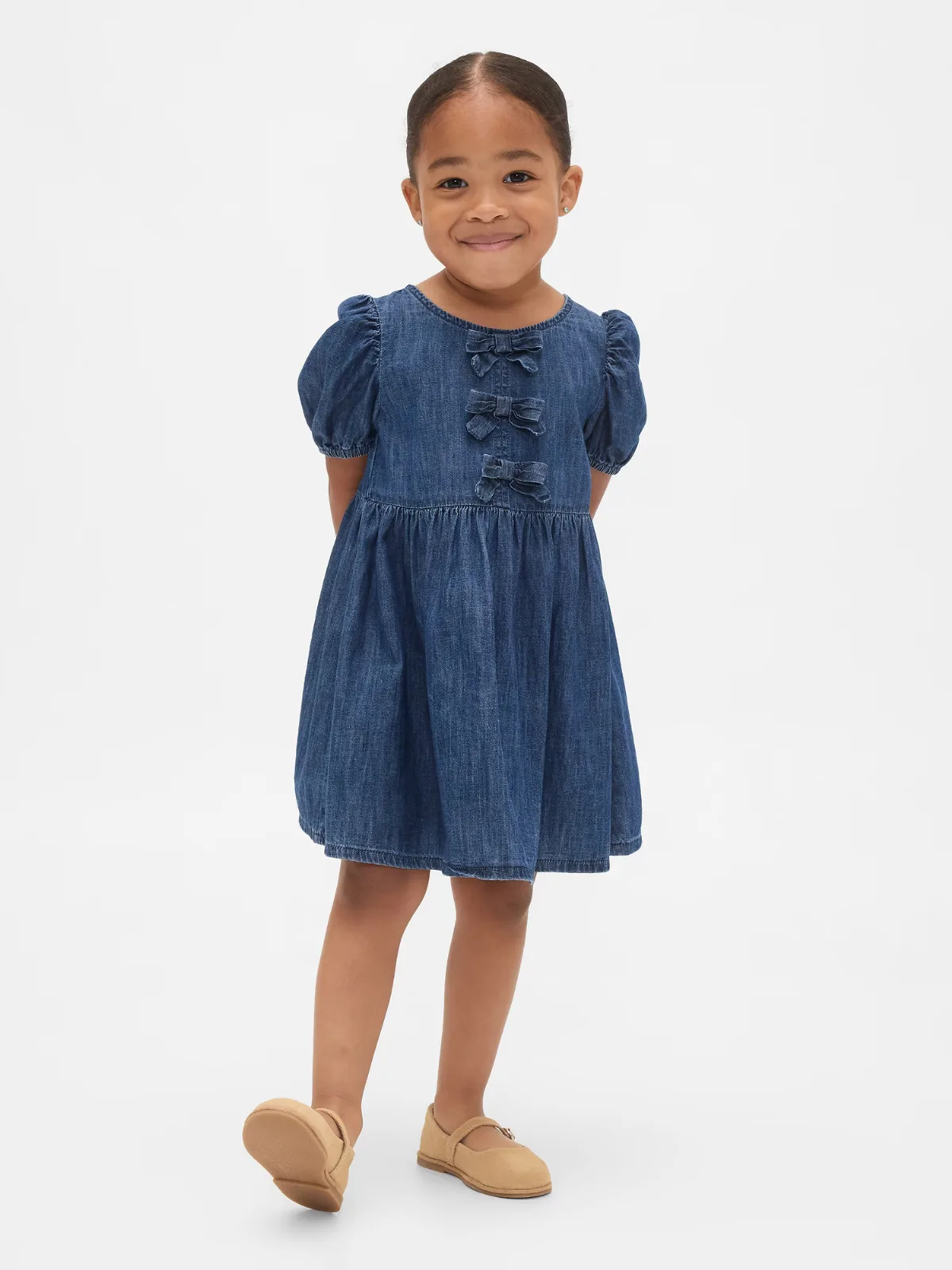 Denim Puff-Sleeve Bow Dress by Gap