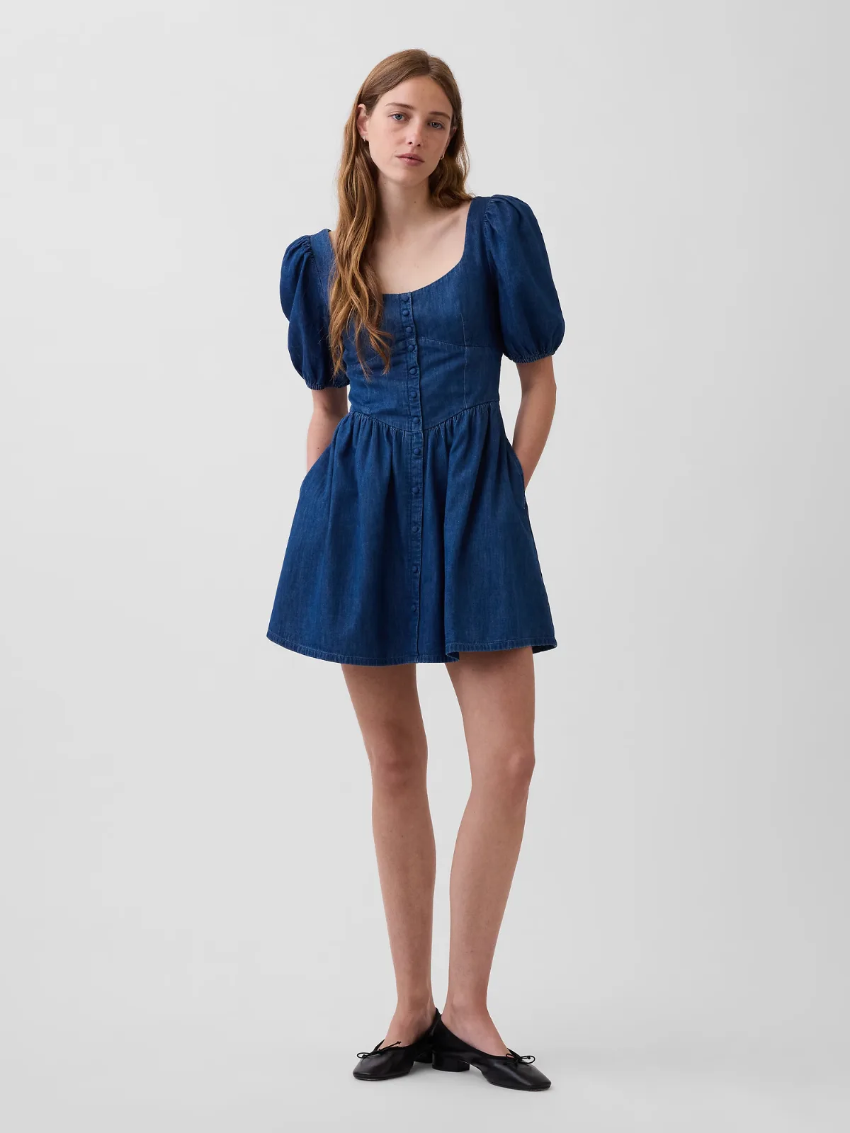 Denim Puff-Sleeve Sweetheart Mini Dress by Gap