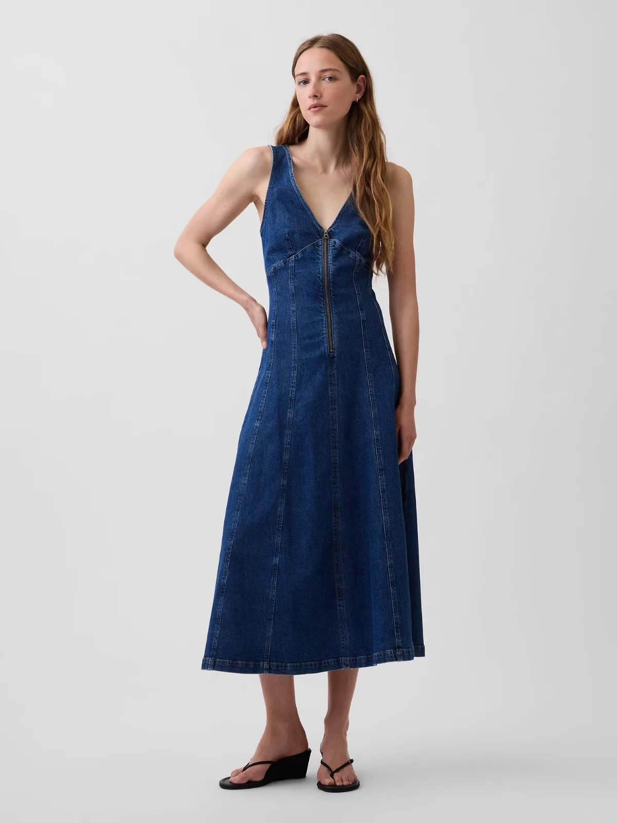 Denim Seamed Zip-Front Midi Dress by Gap