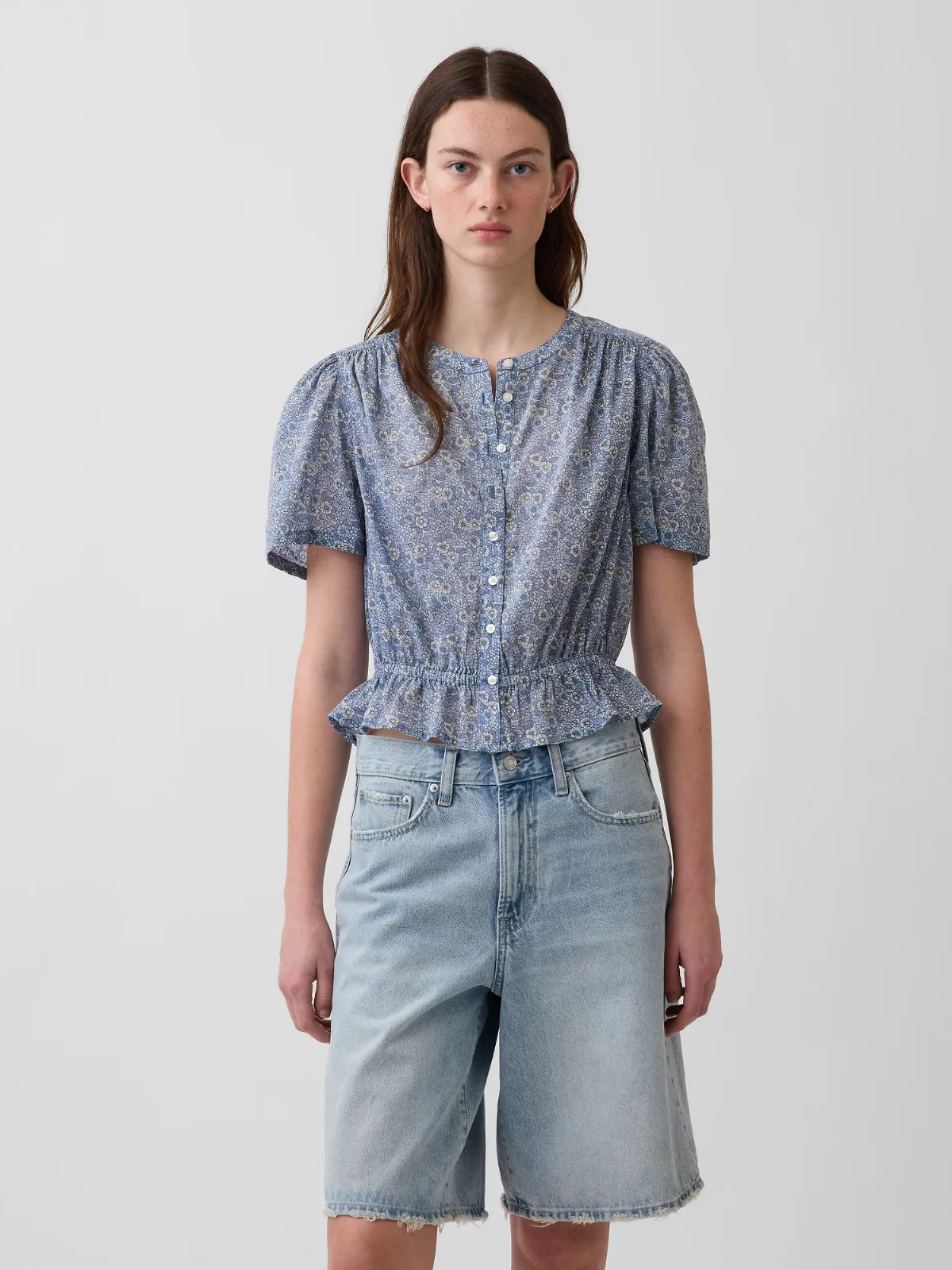 Button-Front Crop Peplum Top by Gap