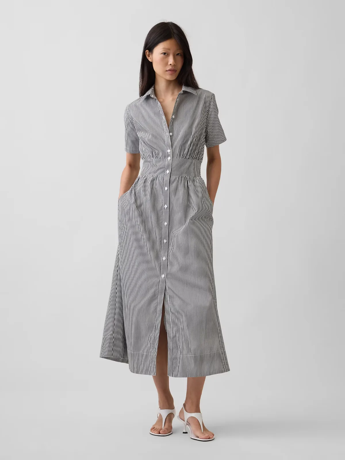 Poplin Smocked-Waist Maxi Shirtdress