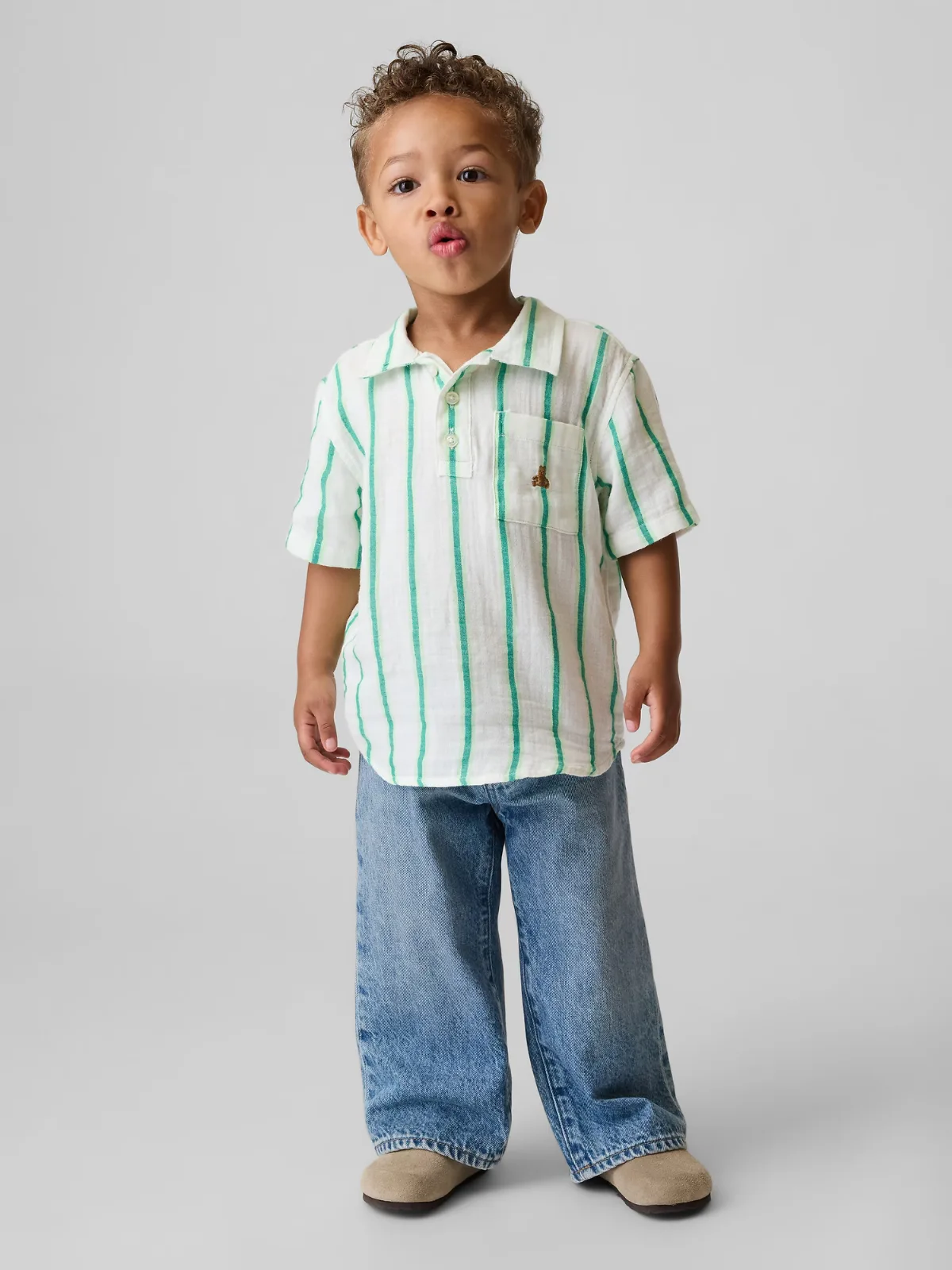 Cotton Gauze Print Polo Shirt by Gap