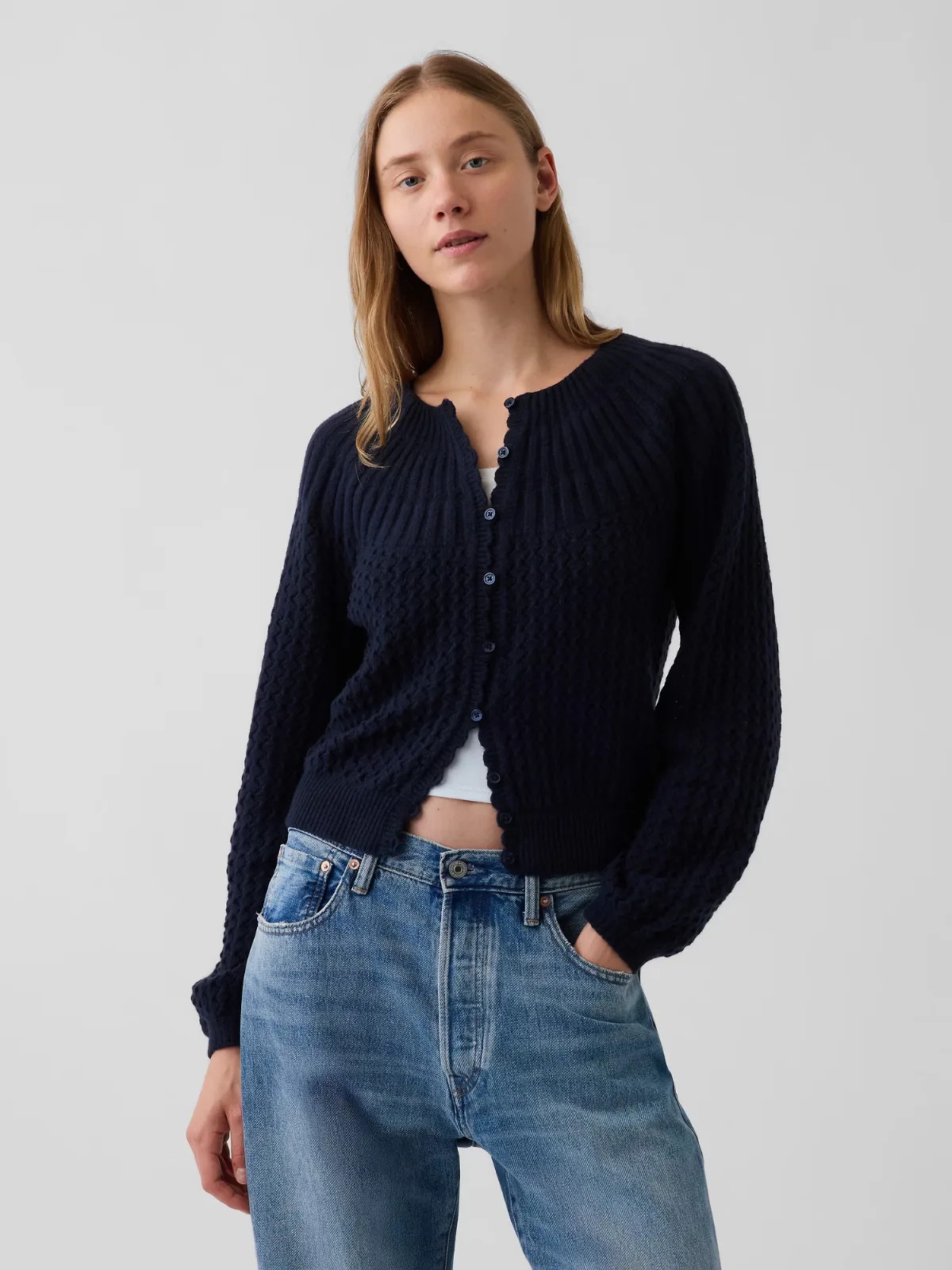 CashSoft Mix-Stitch Crop Cardigan Sweater