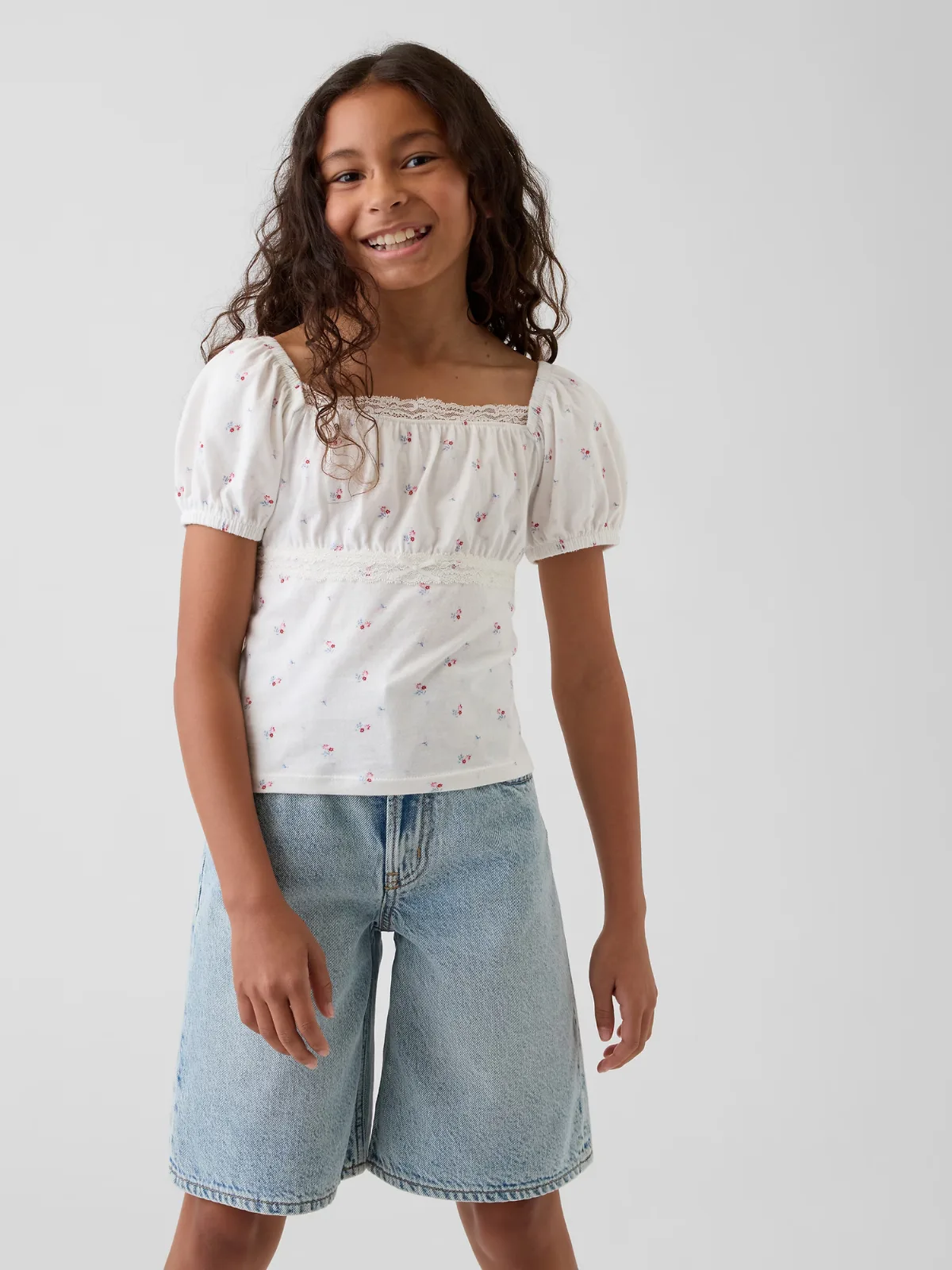 Lace-Trim Puff-Sleeve Top by Gap