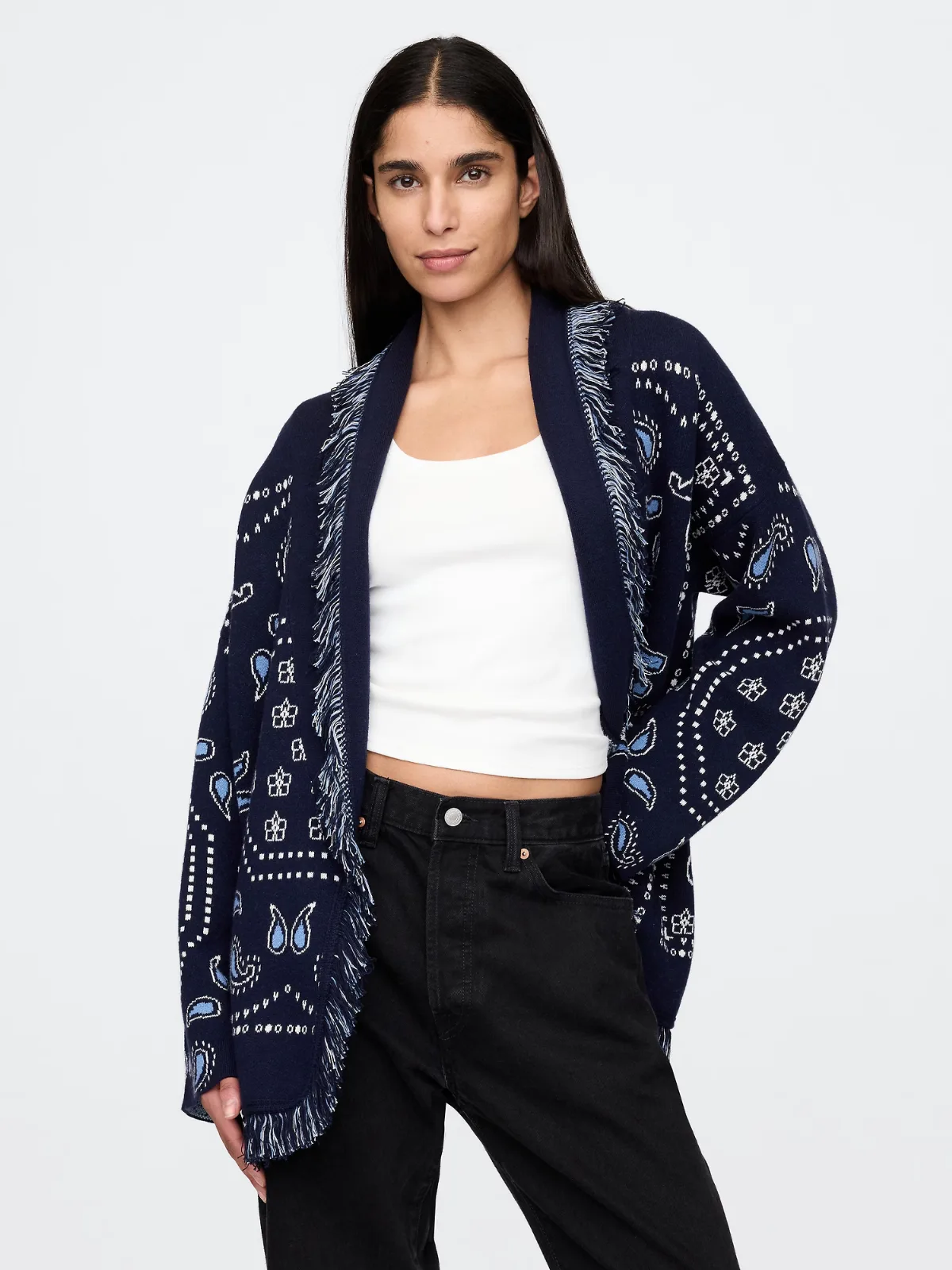 Cotton-Blend Fringe Shawl Cardigan by Gap