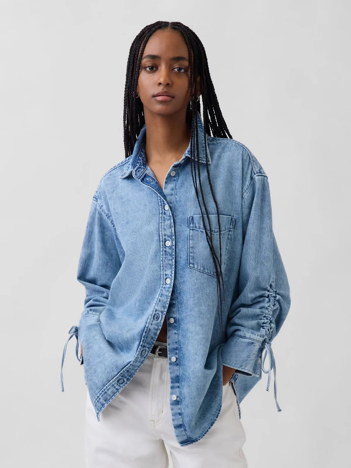 UltraSoft Denim Oversized Ruched-Sleeve Shirt by Gap