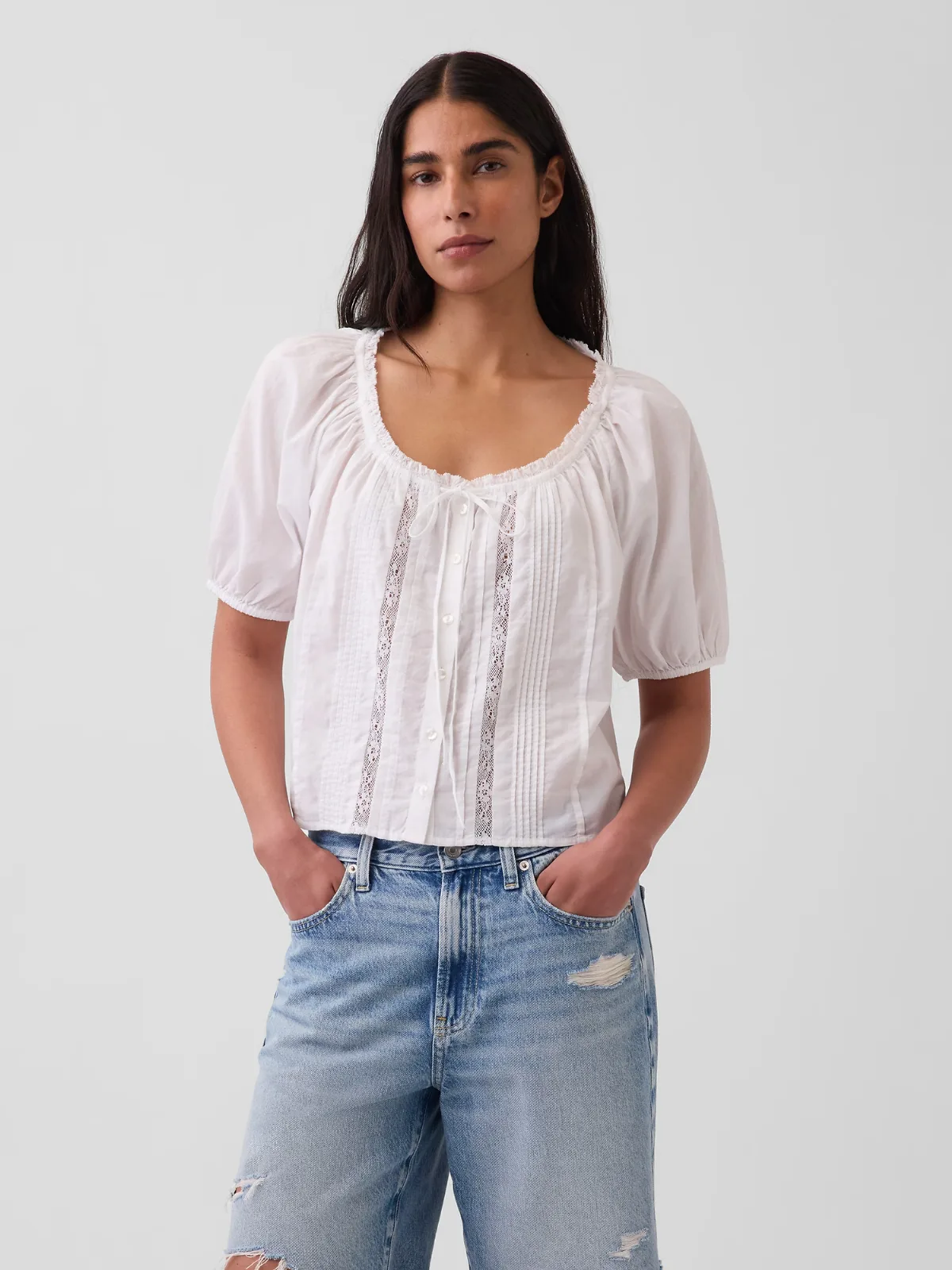 Elbow-Sleeve Crop Pintuck Top by Gap