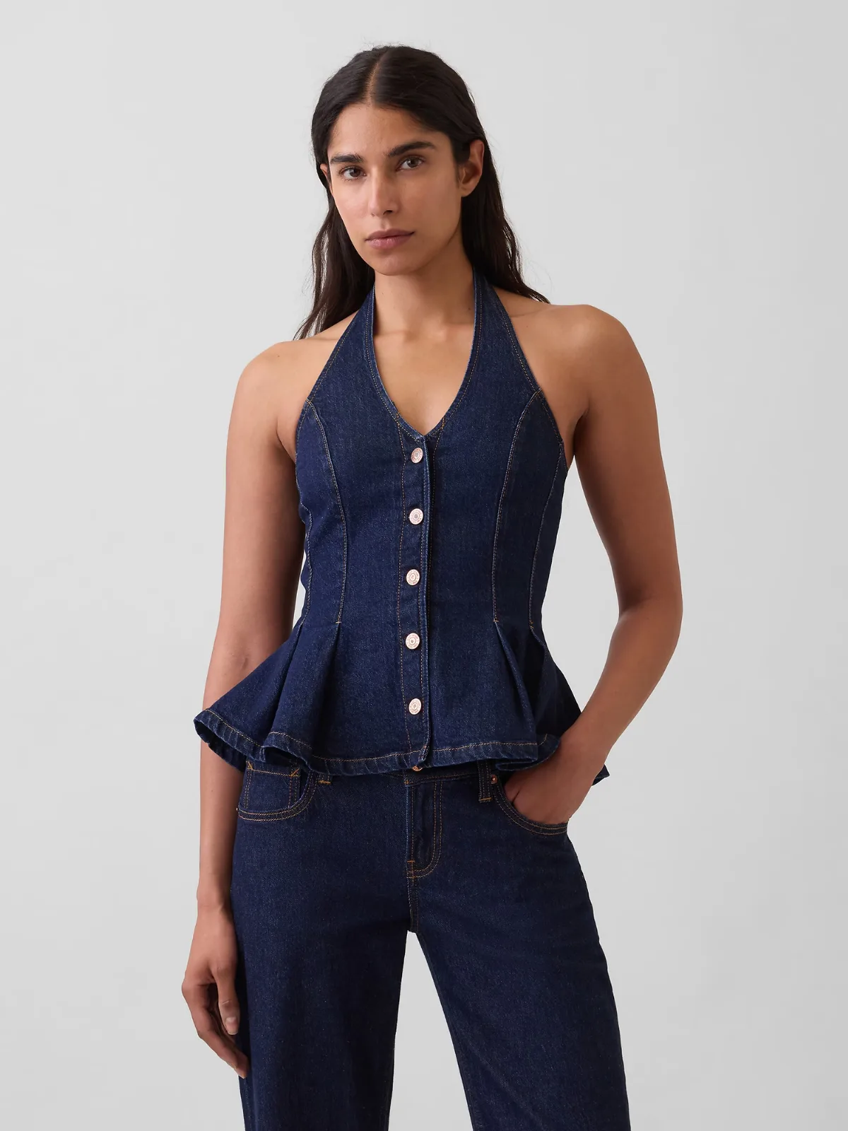 Denim Fitted Halter Peplum Top by Gap