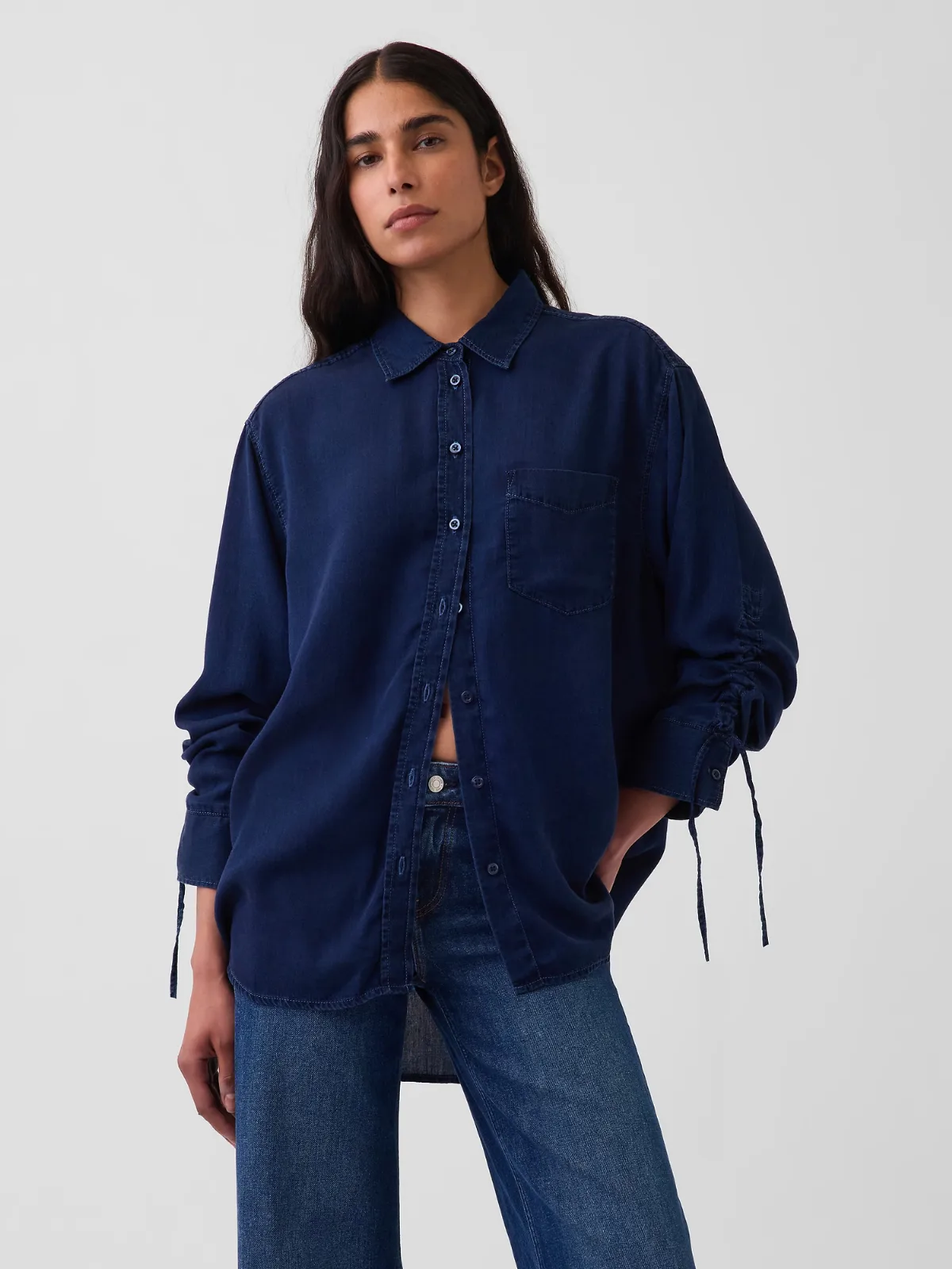 Denim Oversized Ruched-Sleeve Shirt by Gap