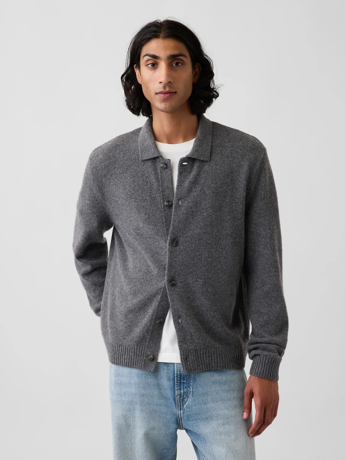 Relaxed Polo Shirt Cardigan Sweater