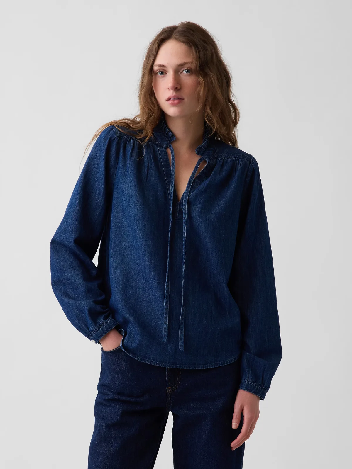 Denim Tie-Neck Popover Shirt by Gap
