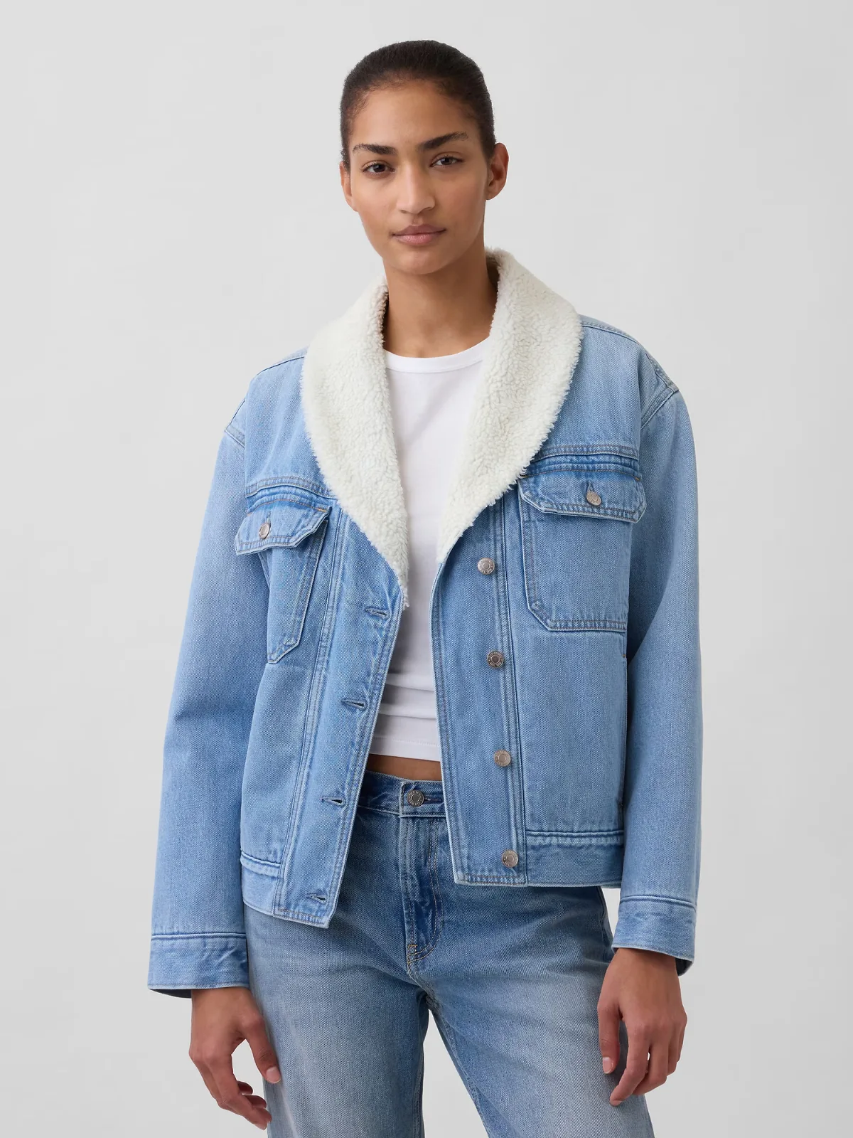 Sherpa-Lined Shawl Denim Jacket