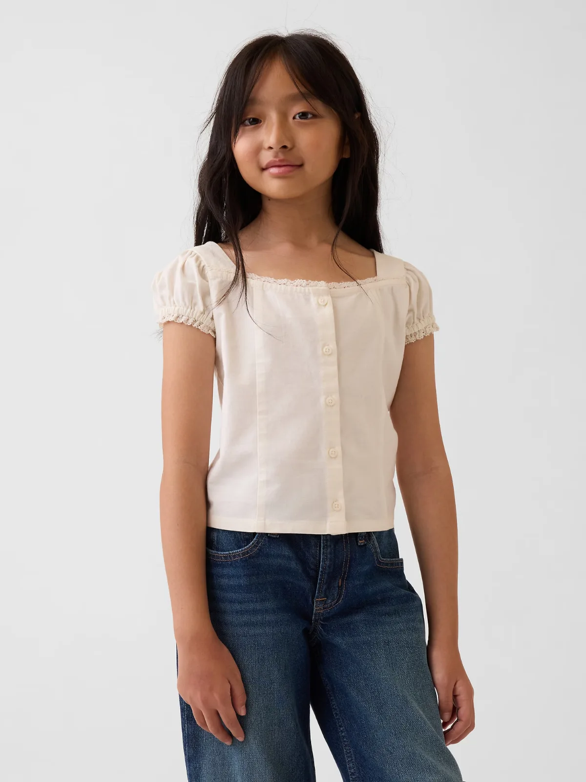 Lace-Trim Button-Front Top by Gap