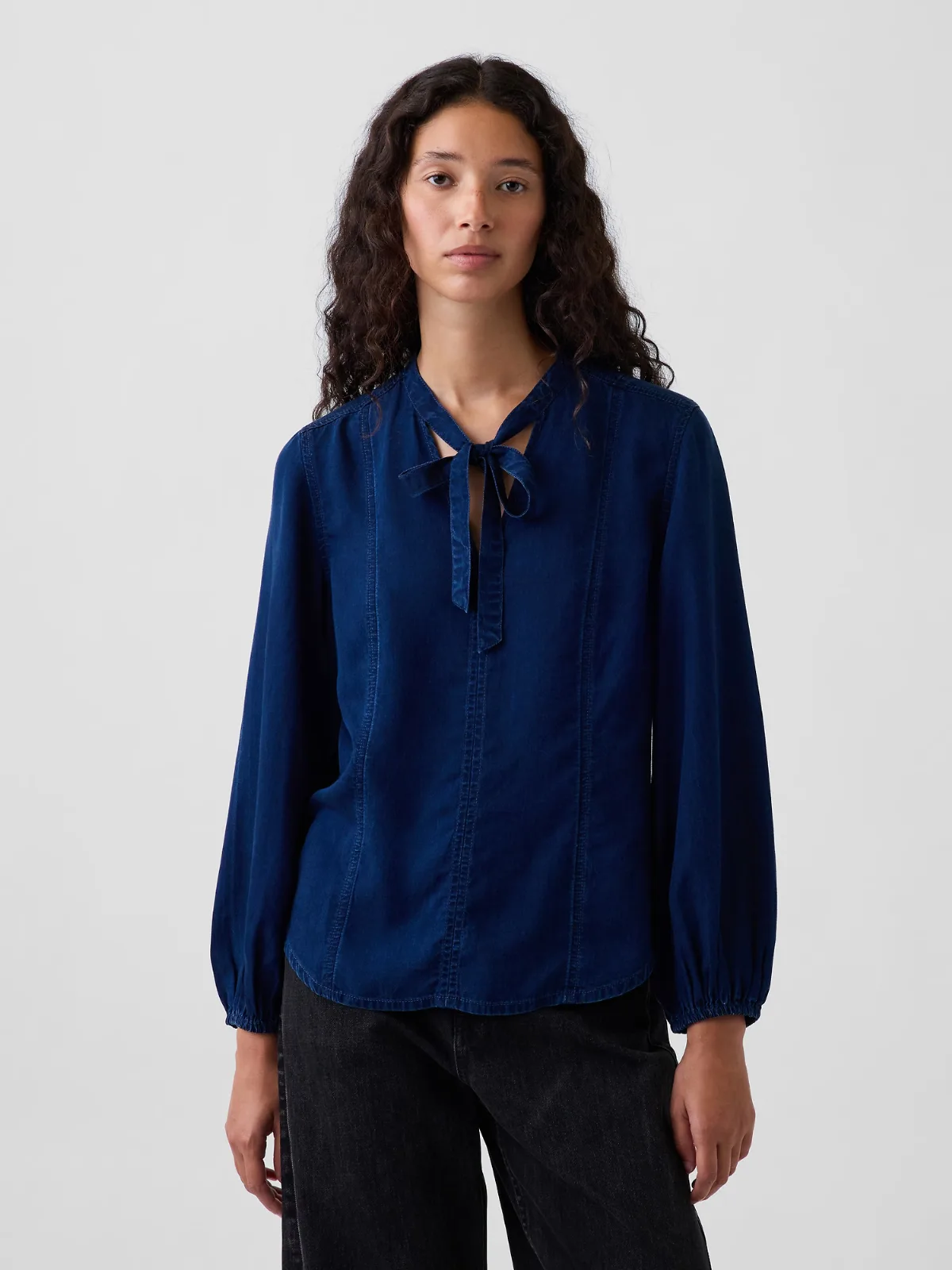 Denim Seamed Tie-Neck Shirt by Gap