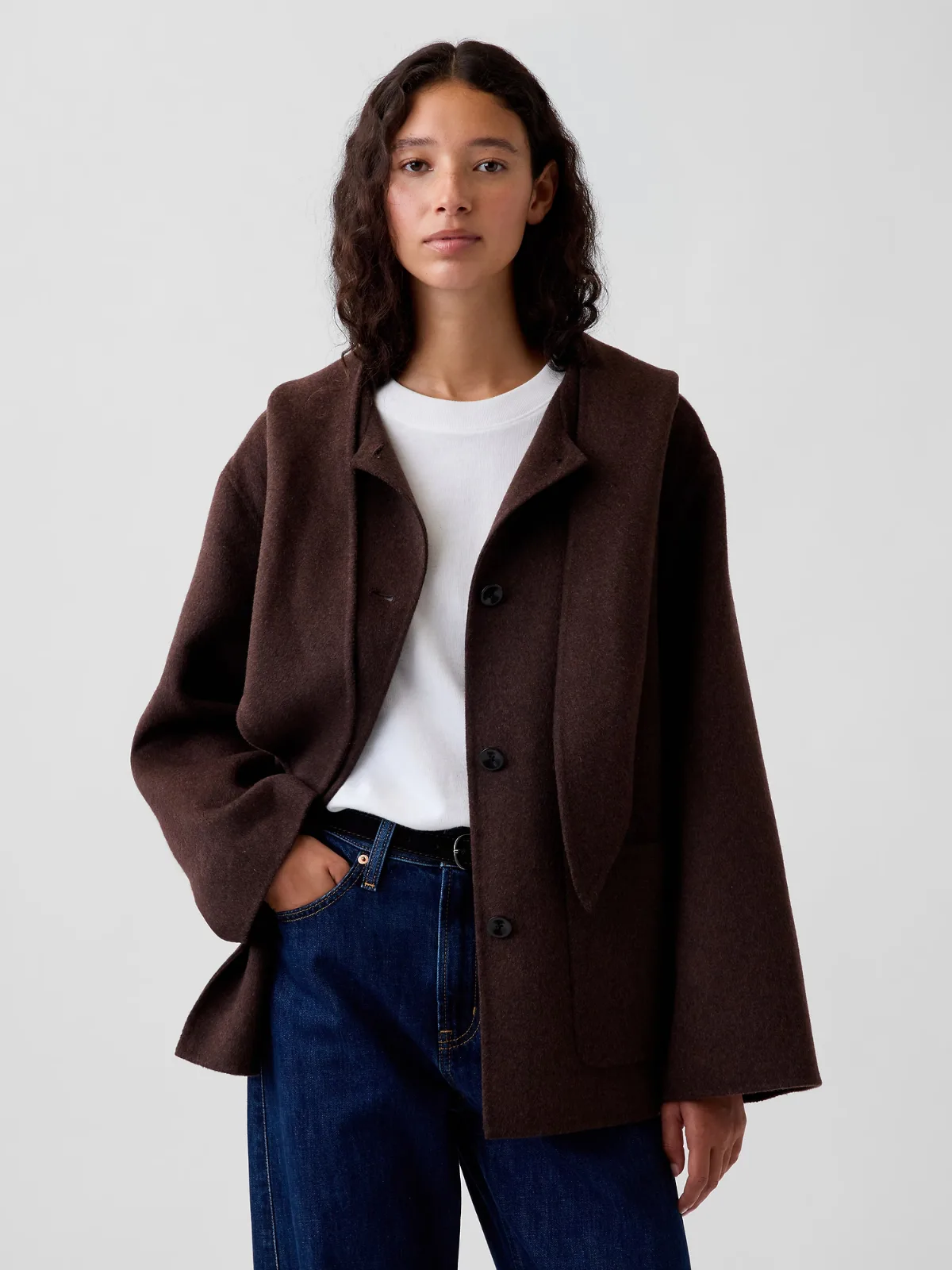 Wool-Blend Hooded Tie-Neck Coat by Gap