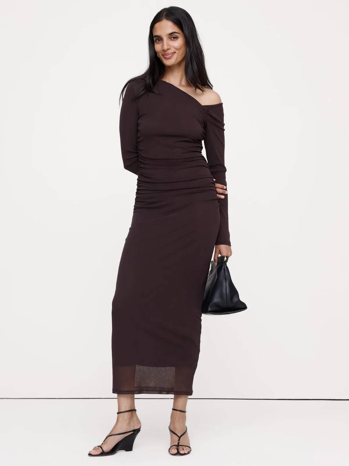 Mesh Asymmetric Ruched Maxi Dress by Banana Republic