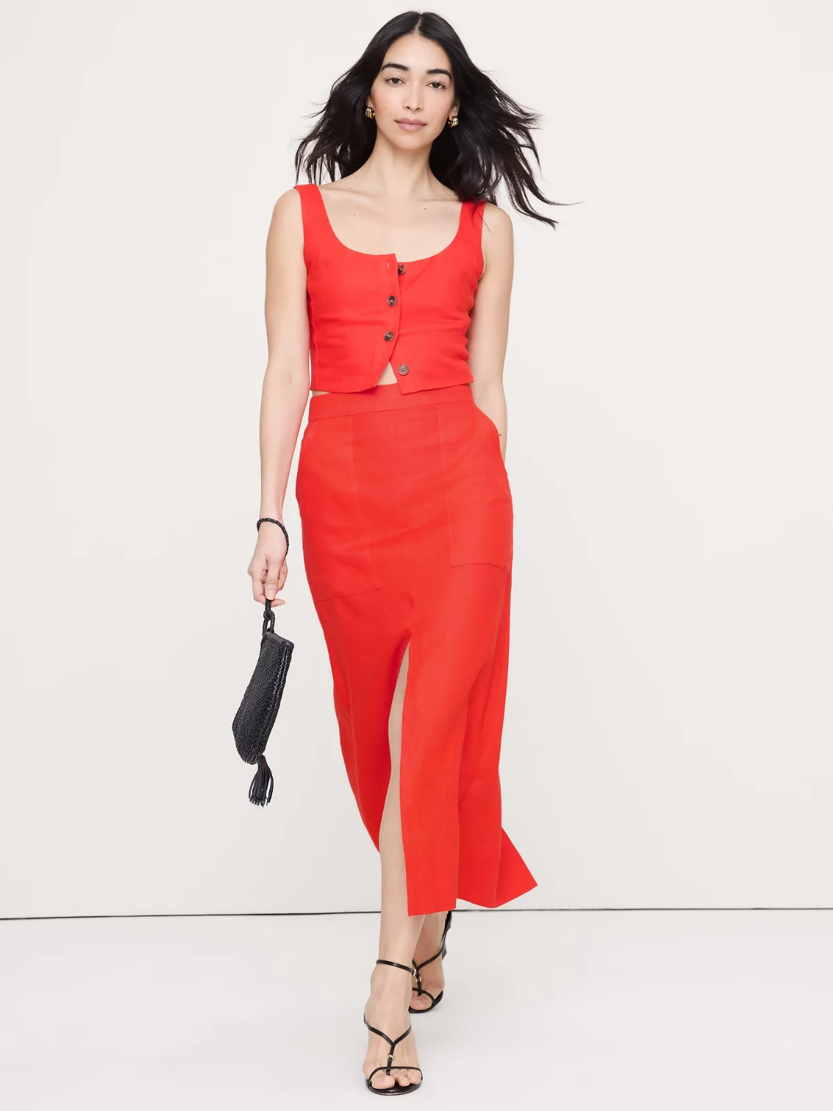 Linen Front-Slit Midi Skirt by Banana Republic
