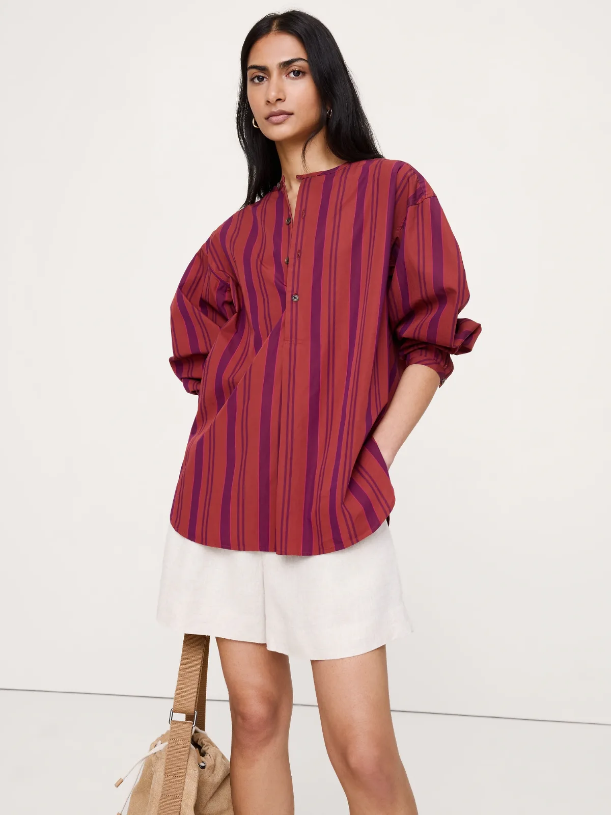 Cotton Poplin Collarless Tunic by Banana Republic