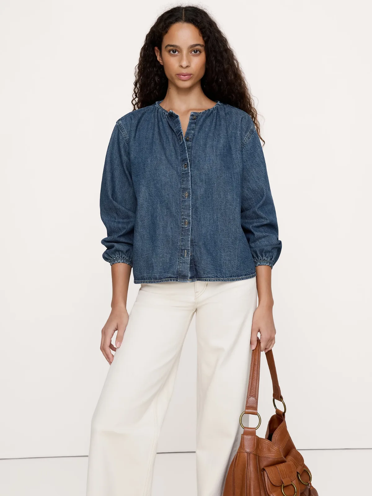 Denim Puff-Sleeve Top by Banana Republic