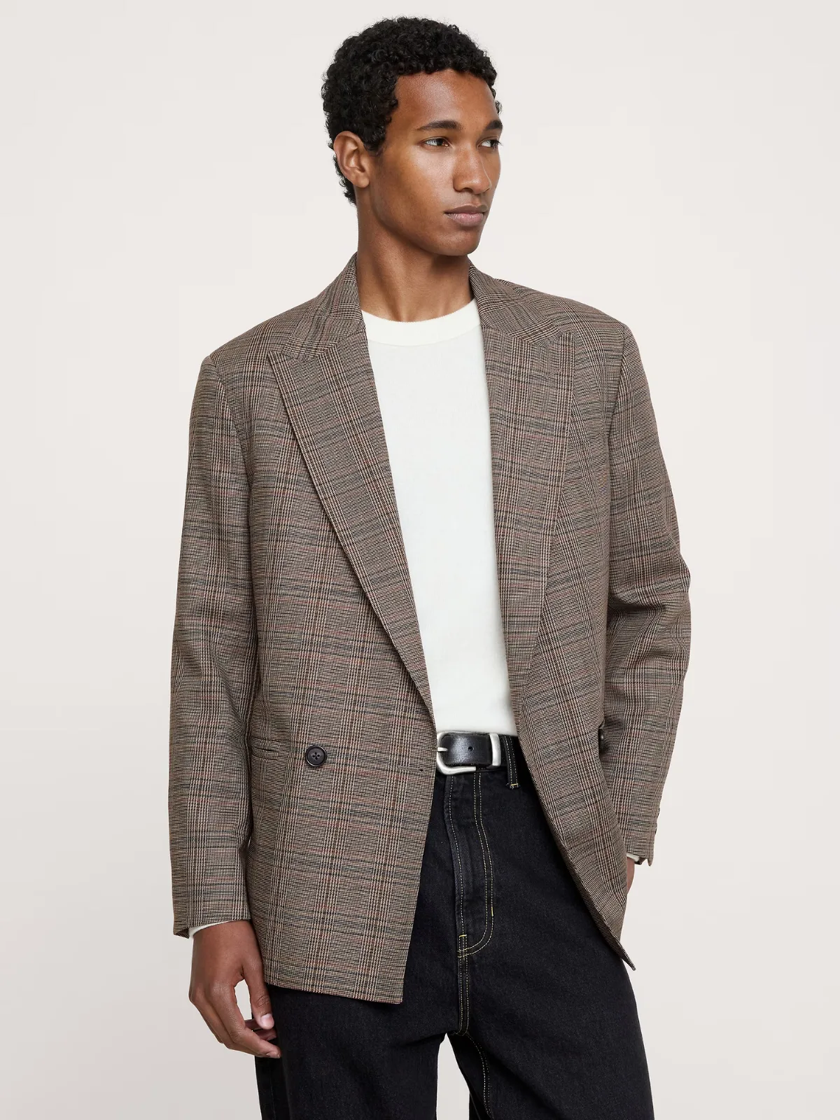 Relaxed Double-Breasted Italian Glen Plaid Suit Jacket by Banana Republic