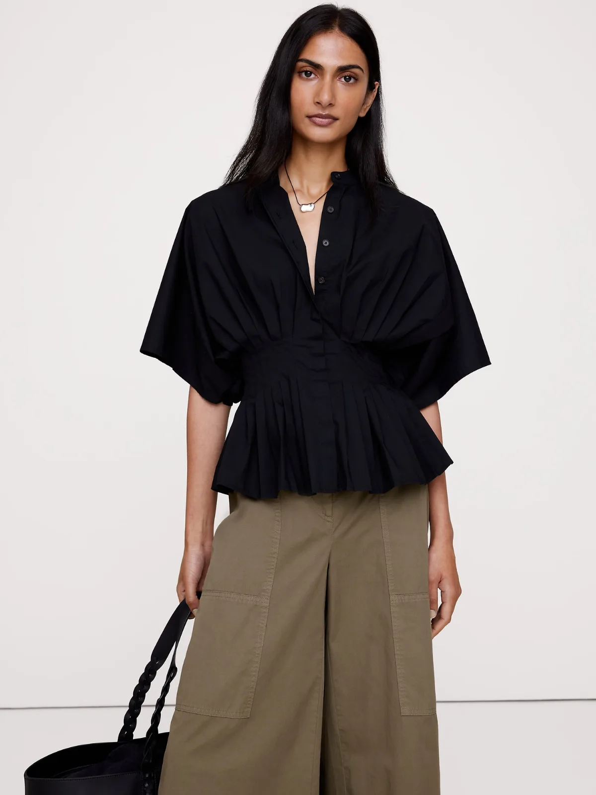 Cotton Poplin Pleated-Waist Top by Banana Republic