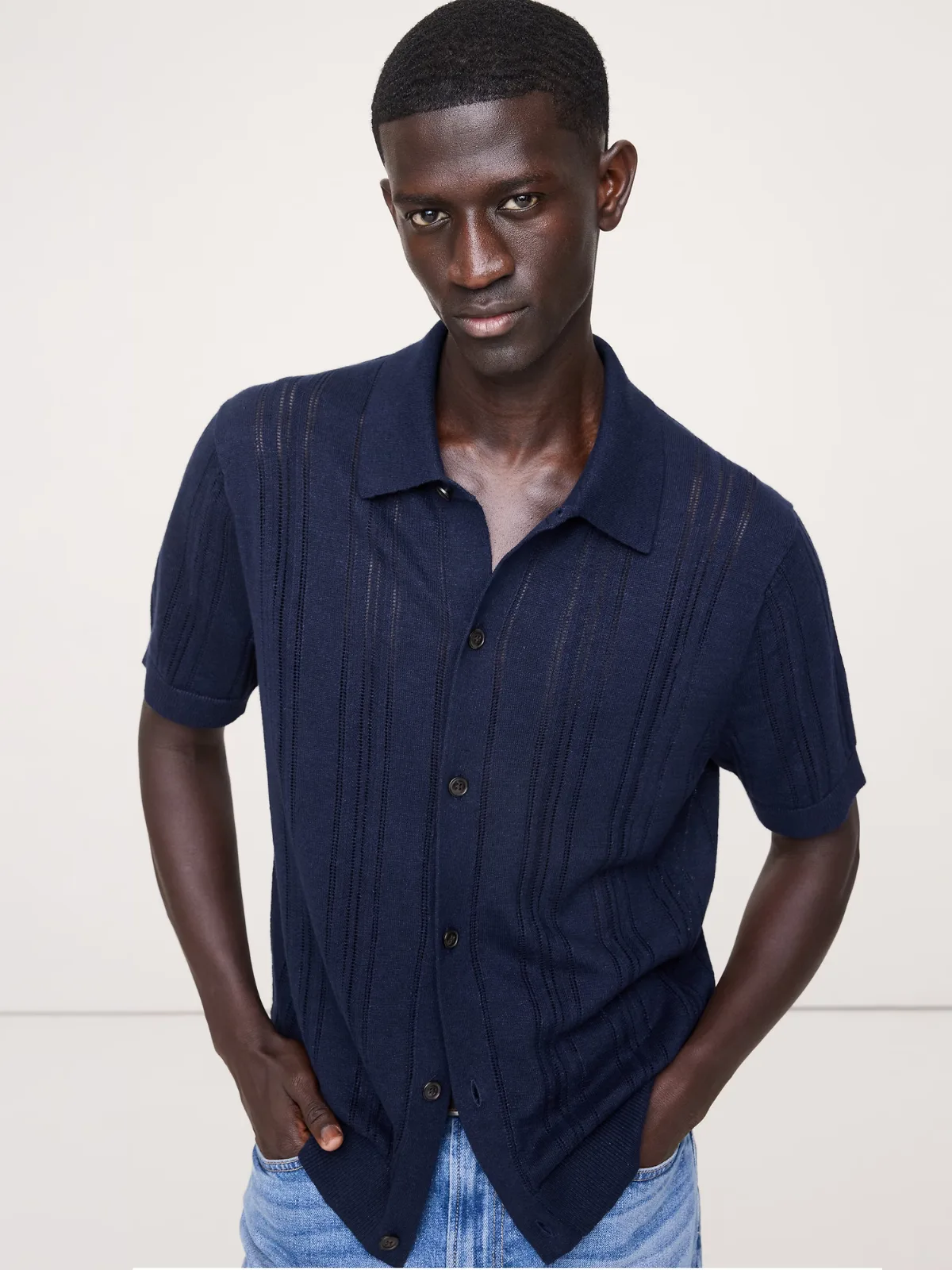 Linen-Cotton Textured Polo Shirt Cardigan by Banana Republic