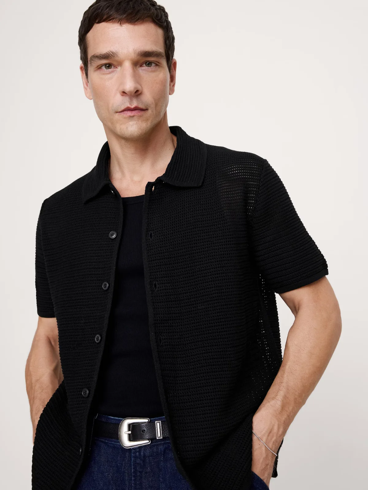Cotton Mesh Polo Shirt Cardigan by Banana Republic